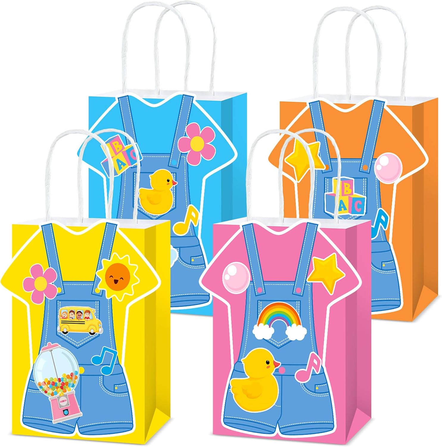 24pcs English Teacher Party Gift Bags Rainbow ABC Bus Party Decorations Supplies Cartoon Girls Fans Paper Goodie Bags Rainbow ABC Bus Cartoon Teacher Fans Supplies with Handles for Kids Birthday Decor