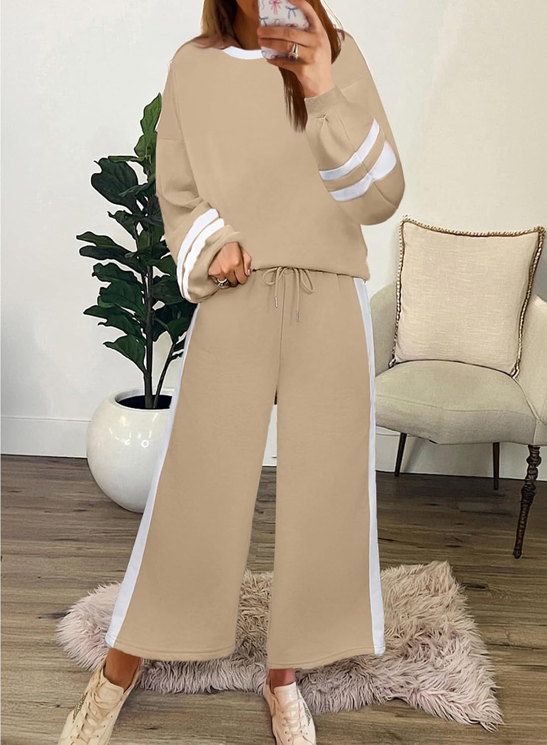 SHEWIN Women's 2 Piece Lounge Sets For Women Casual Striped Long Sleeve Tops and Wide Leg Pants Matching Set
