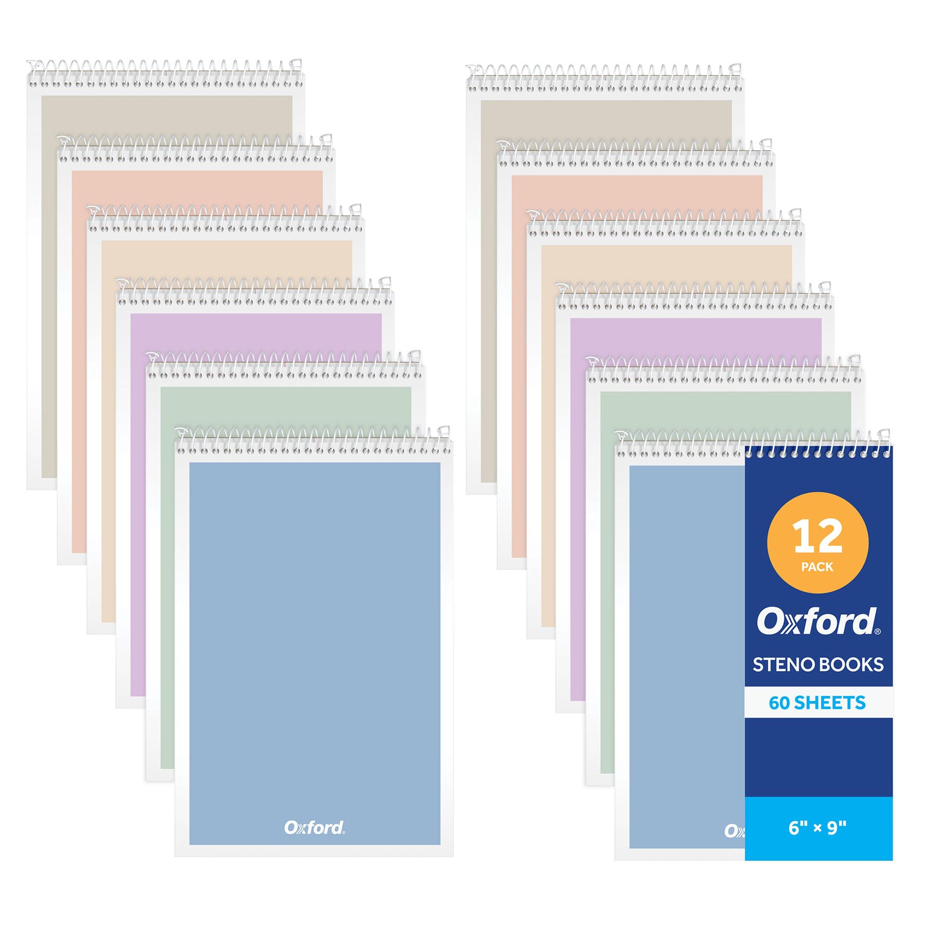 Oxford Steno - Confezione da 12 blocchetti con copertina pastello, 15,2 x 22,9 cm, 120 pagine, 60 fogli, quaderno a spirale superiore, carta bianca a righe Gregg, set di blocchi compatti per appunti