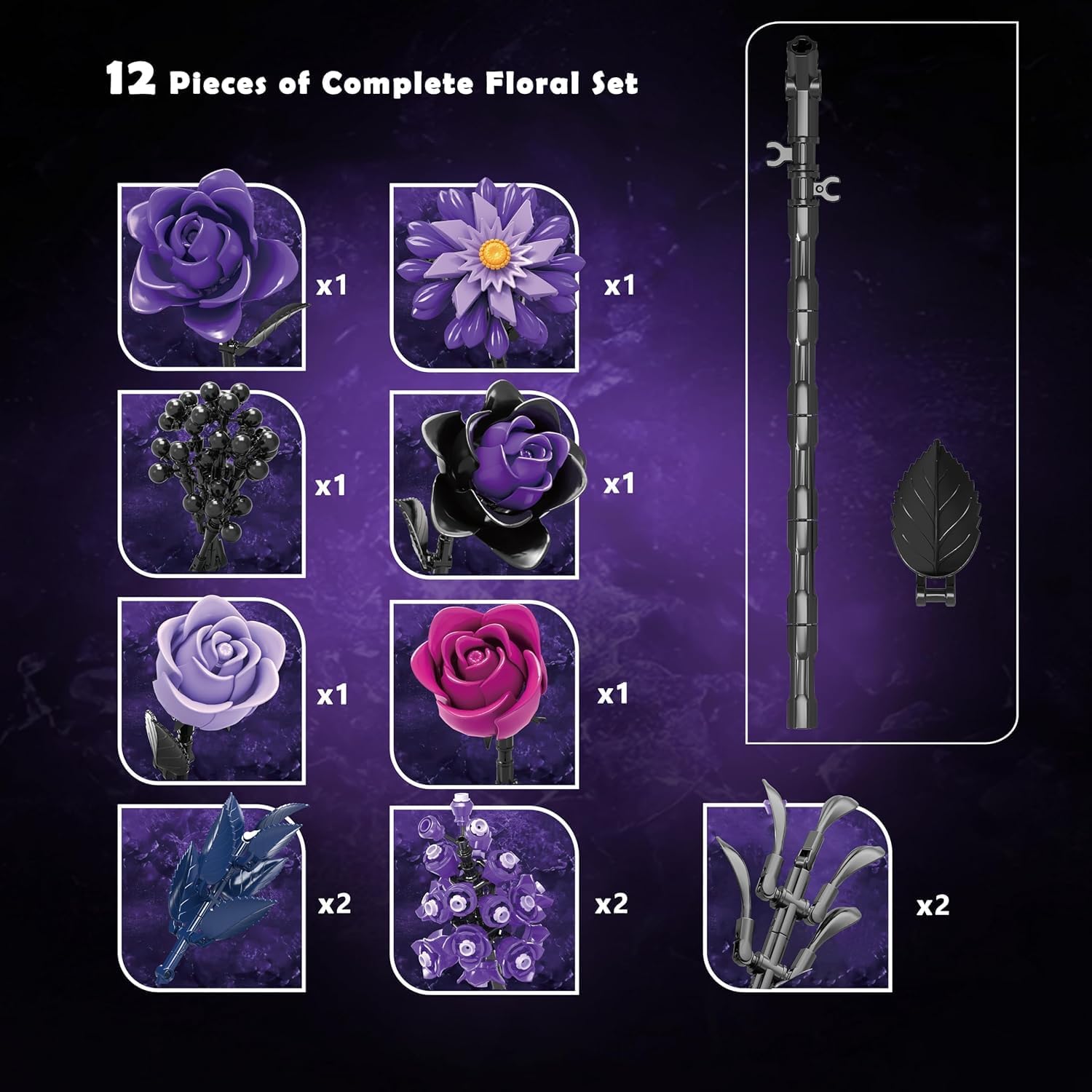 Gothic Black Purple Roses Bouquet - 822 Pcs Building Blocks Set for Adults, Lego Compatible Flowers for Home Decor, Dark Aesthetic Alternative Easter for Women