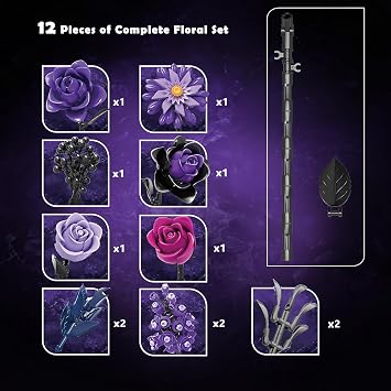 Gothic Black Purple Roses Bouquet - 822 Pcs Building Blocks Set for Adults, Lego Compatible Flowers for Home Decor, Dark Aesthetic Alternative Easter for Women