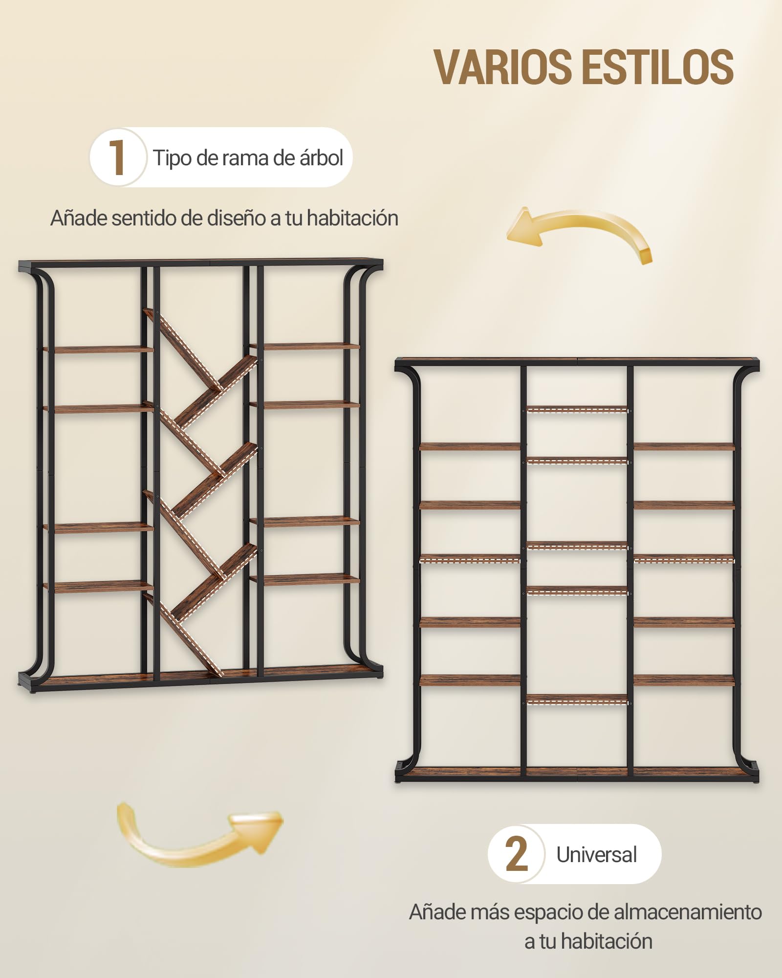 Hzuaneri Bücherregal, 3 Säulen 6 Tier Baumförmiges Bücherschrank, 17 Fächer offene unabhängige Regale, für Home-Office, Schlafzimmer, Wohnzimmer, 24 x 156 x 180 cm Vintage Braun-Schwarz BC53201B