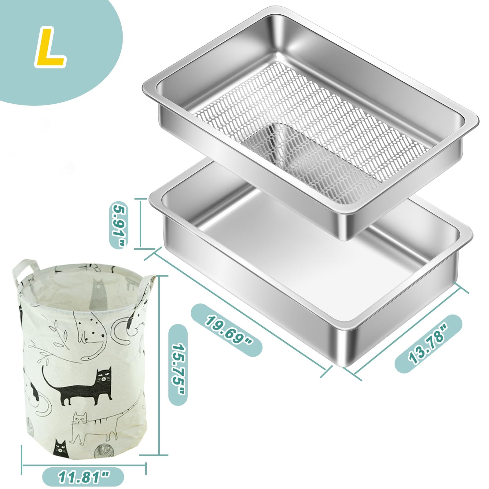 Stainless Steel Sifting Cat Litter Box for Clumping Litter, Large Metal Cat Litter Box with Sifter Litter Tray and Cat Litter Bag,Odor Control, Easy to Clean(19.7"x13.7"x5.9") - image 6