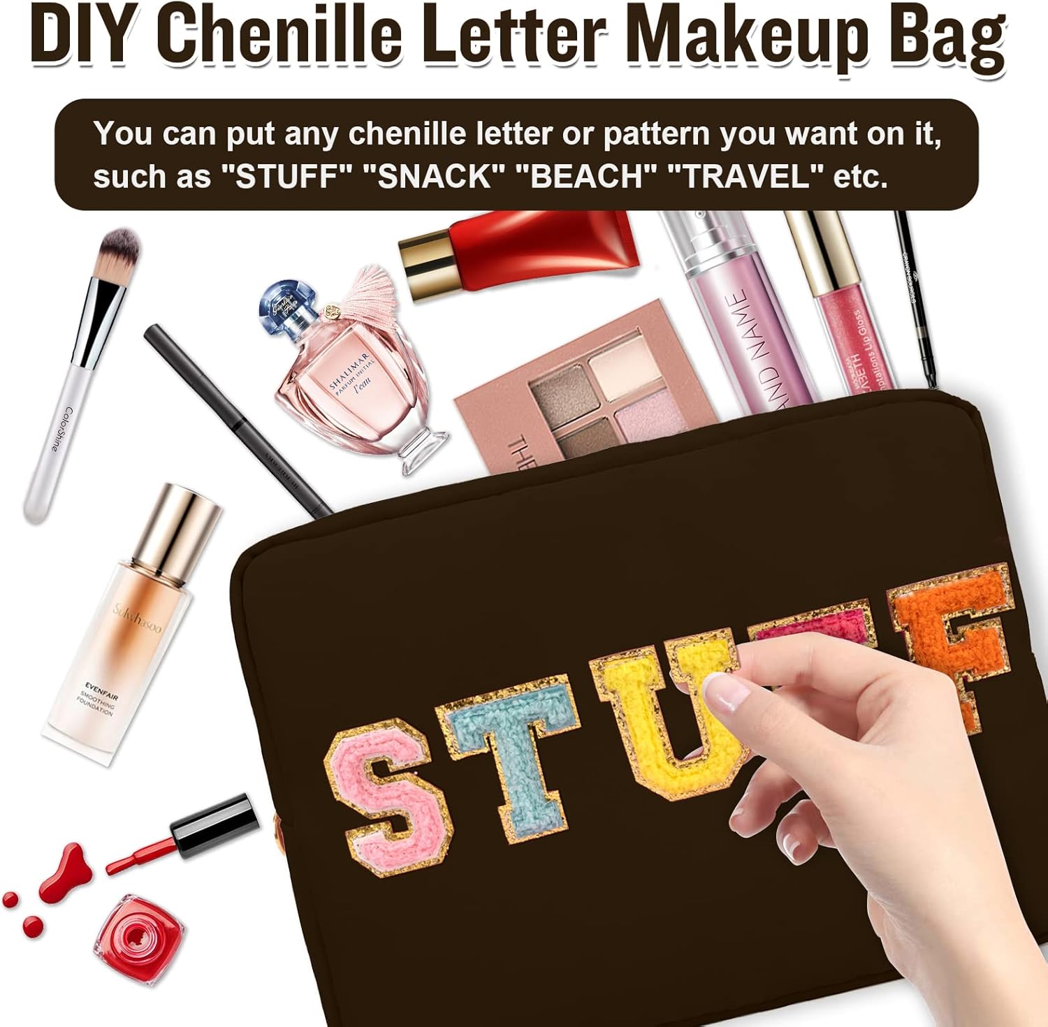 Nylon Large Makeup Bag Travel Pouch for Women, Preppy Big Makeup Bag Cute Cosmetic Zipper Pouch Purse, DIY Chenille Letter Bag Waterproof Toiletry Bag Clutch Make Up Organizer for Women Girls(Brown) - Image 7