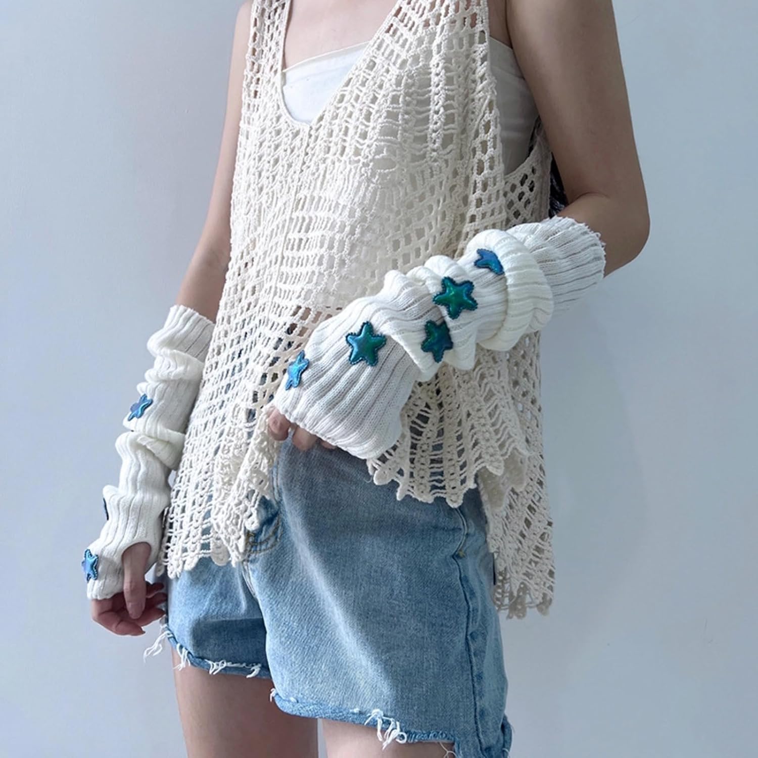 Cute Arm Cover Y2K Knitted Arm Warmer Grunge Fairy Fingerless Gloves Kawaii Kpop Arm Sleeves for Women Teen Girl