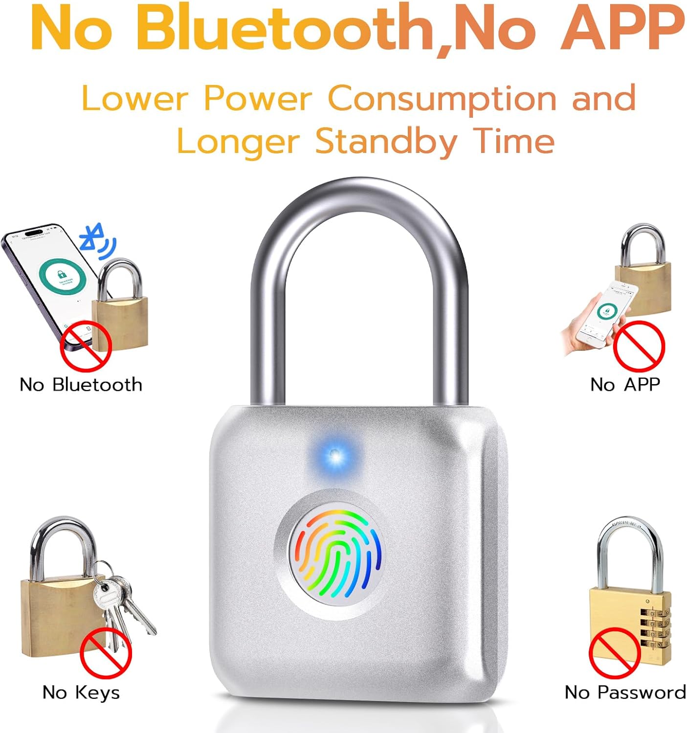 Pothunder Fingerprint Padlock, Smart Padlock, Locker Lock, Biometric Metal Keyless Fingerprint Lock, USB Rechargeable, for Gym Locker, Locker, Luggage, Backpack(Silver)