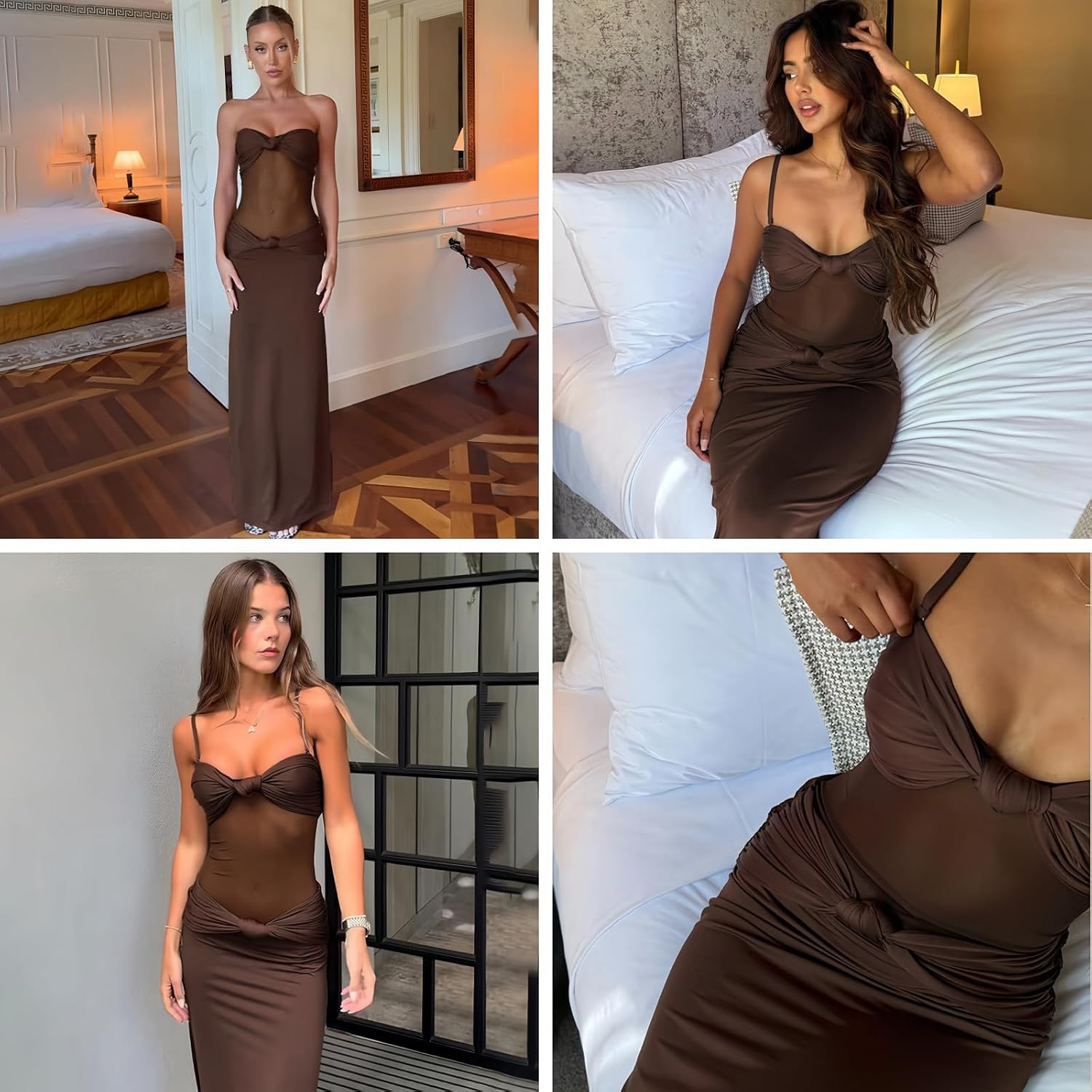 Women's Twist Knot Front Strapless Maxi Dress Sexy Sheer Mesh Spaghetti Strap Cocktail Dress Formal Dresses