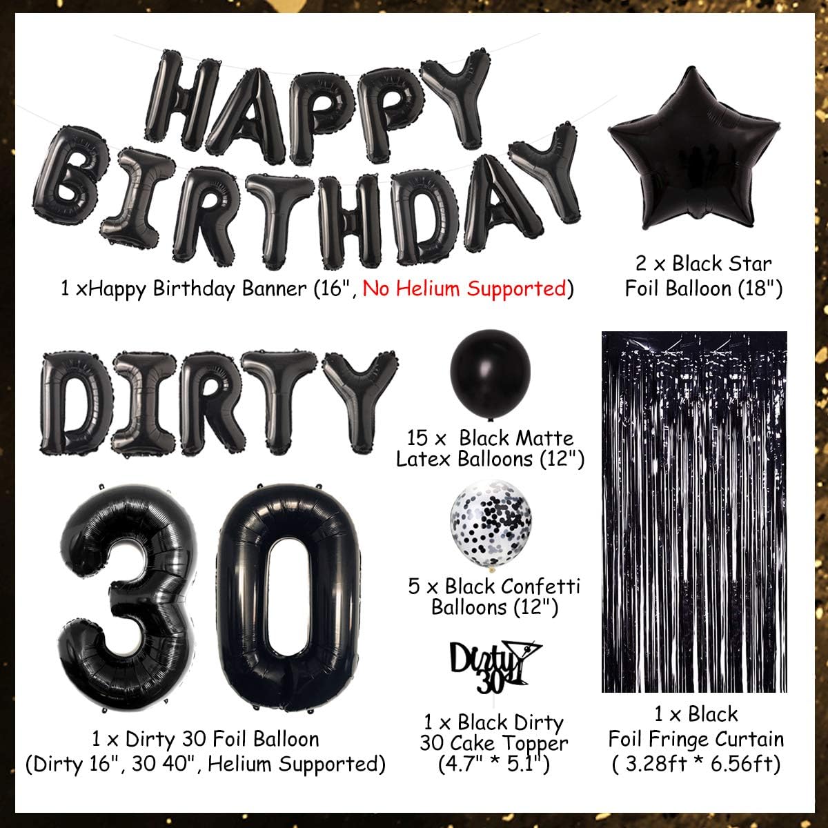 30th Birthday Decorations Black - Dirty Thirty Foil Balloon & Cake Toppers, Happy Birthday Banner, Black Star Confetti Balloons, Foil Fringe Curtain for Men Women Thirty Bday Party Supplies