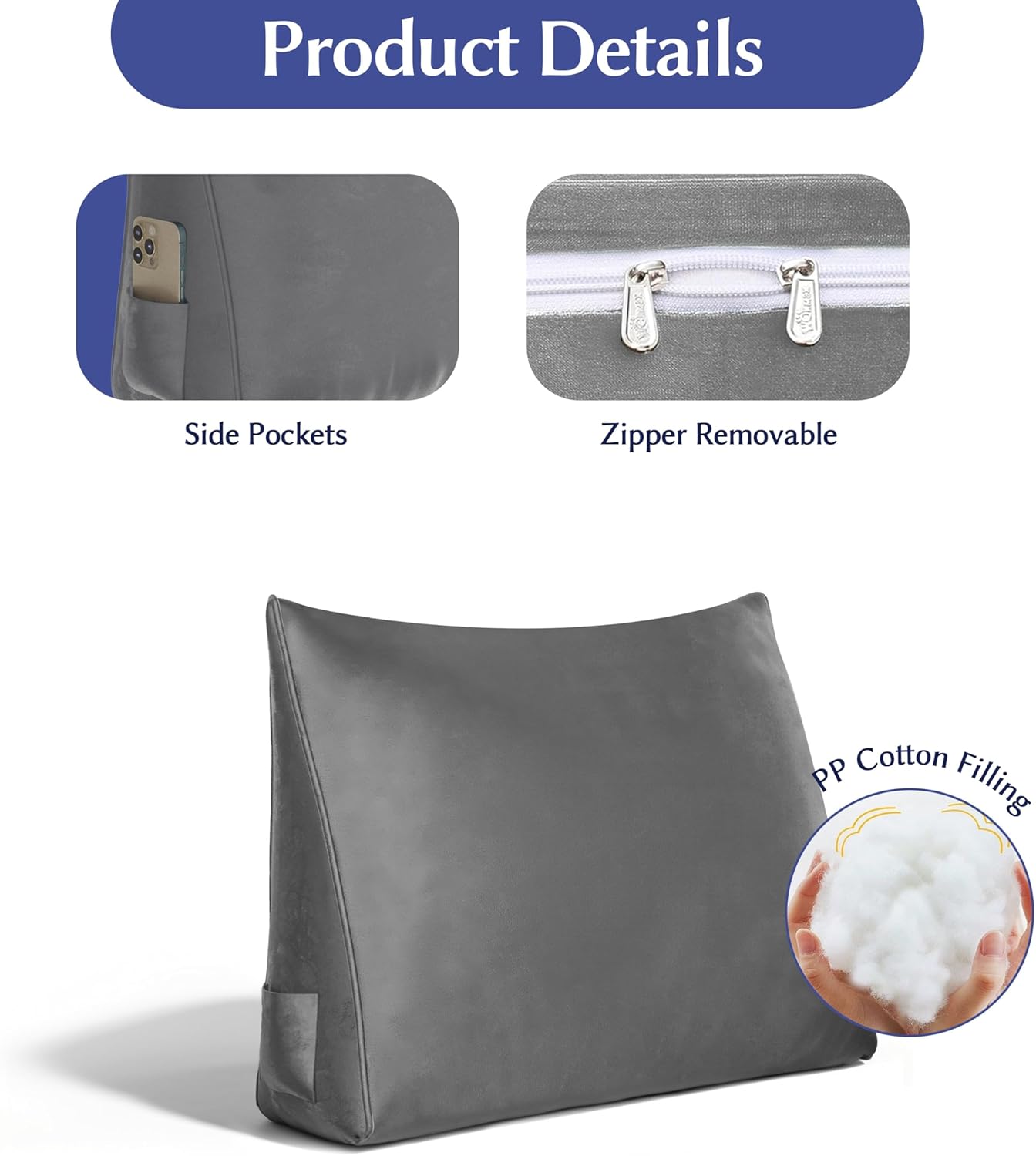 Daneey Back Pillow for Sitting in Bed, Back Support Pillow for Couch, Back Cushion for Couch, Wedge Reading Pillow Cushion for Sofa Removable Velvet Cover, Gray