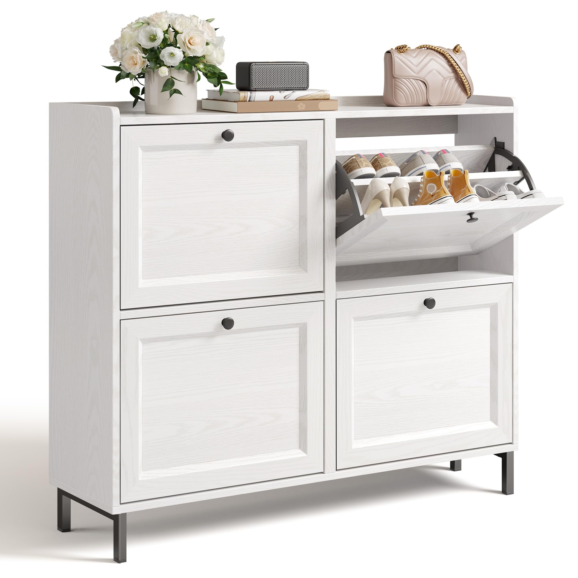 Bealife Schuhschrank mit 4 Klappen – dünner und moderner Schuhschrank mit eingezäunter Decke, Stauraum für Eingang/Flur, 99 x 24 x 91 cm, Kapazität 16 Paar (weiß)