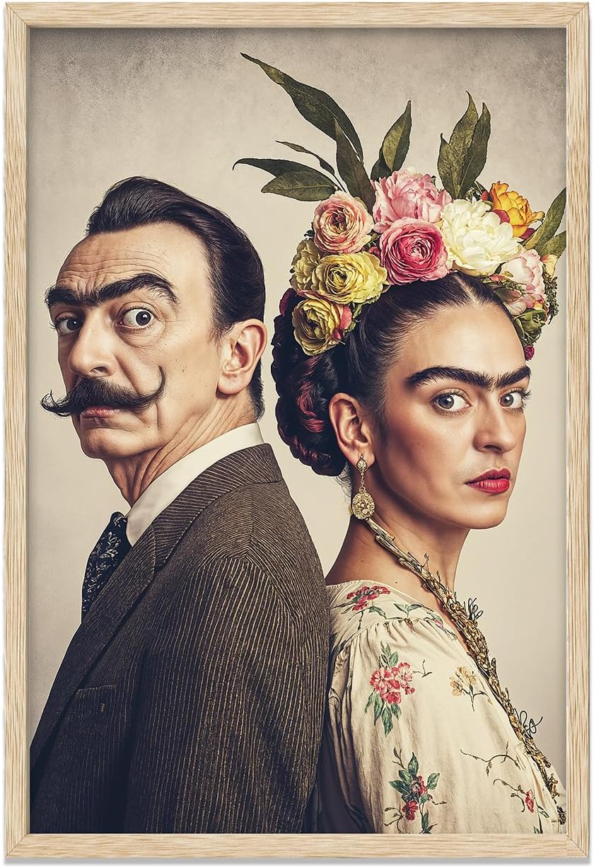 Lone Star Art Frida and Salvador – Frida Inspired Artist Portrait, Surreal Cultural Illustration, Feminine Expression, Vintage Style Wall Decor – 24x36 Framed Poster, Ready to Hang