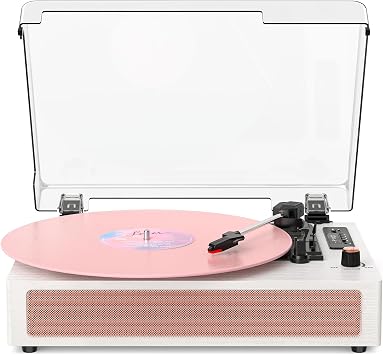 VINYLS LINK Vinyl Record Player with Speakers, Bluetooth Turntable with EQ Mode and LED Display, Pink Vintage Record Player, 3-Speed Turntable for Vinyl Records, USB Recording, AUX Input, RCA Output