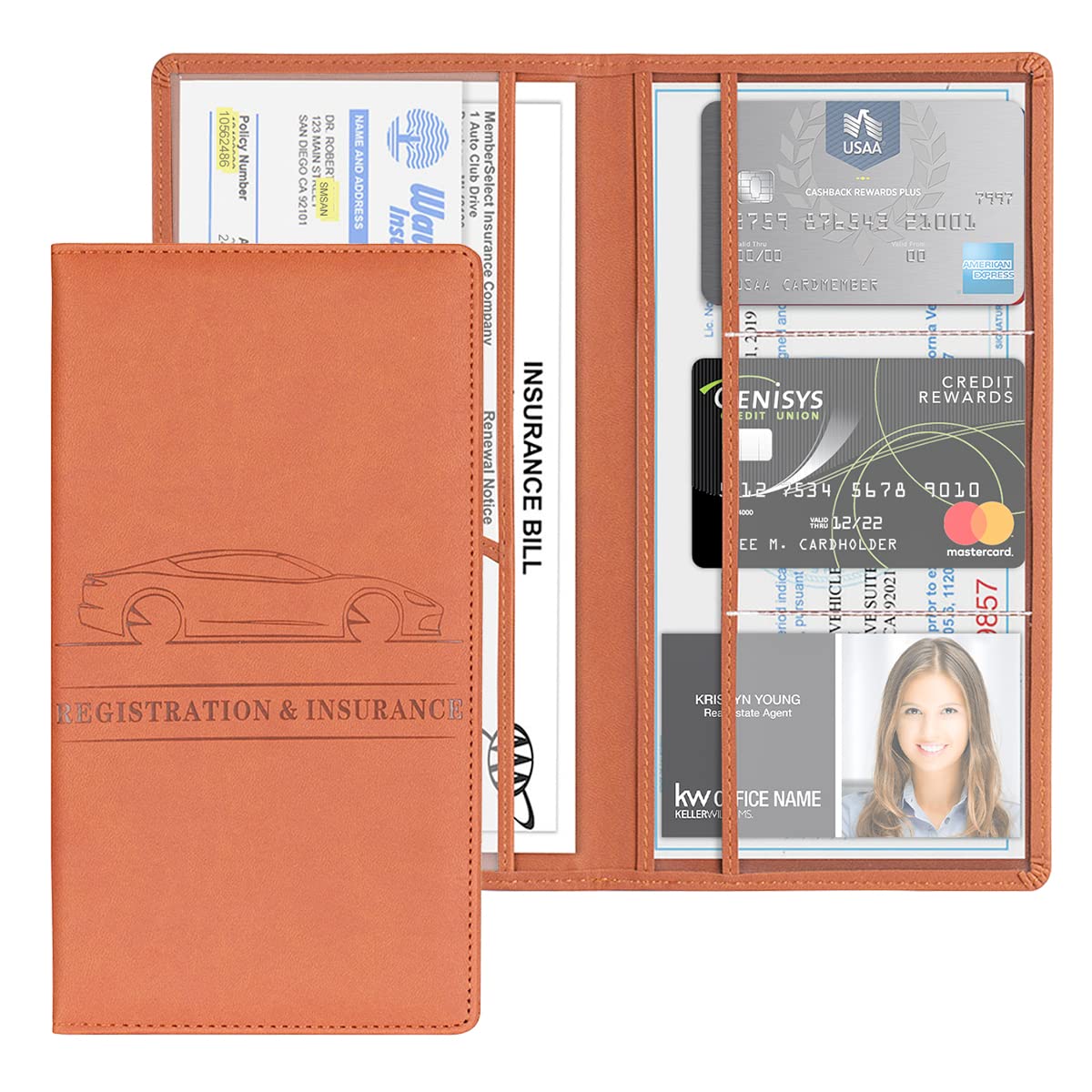 Porta Carte Documenti Auto in Pelle PU, Supporto Assicurazione Auto, Portadocumenti Immatricolazione, Patenti, Marrone