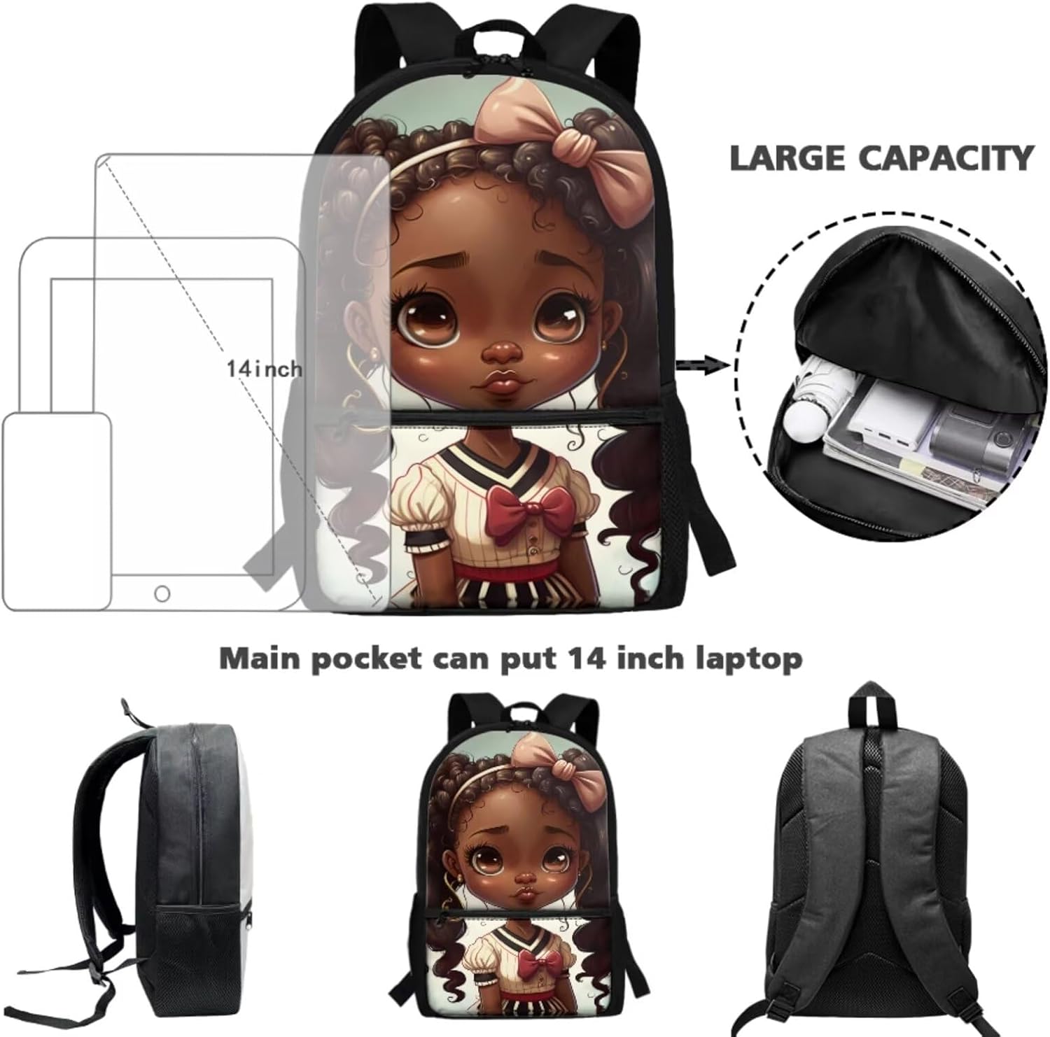 African Girl Kids Backpack Set with Water Bottle Holder Lightweight Preschool Backpack for Girls Water Resistance Elementary Student Bookbag for Kindergarten or Daycare