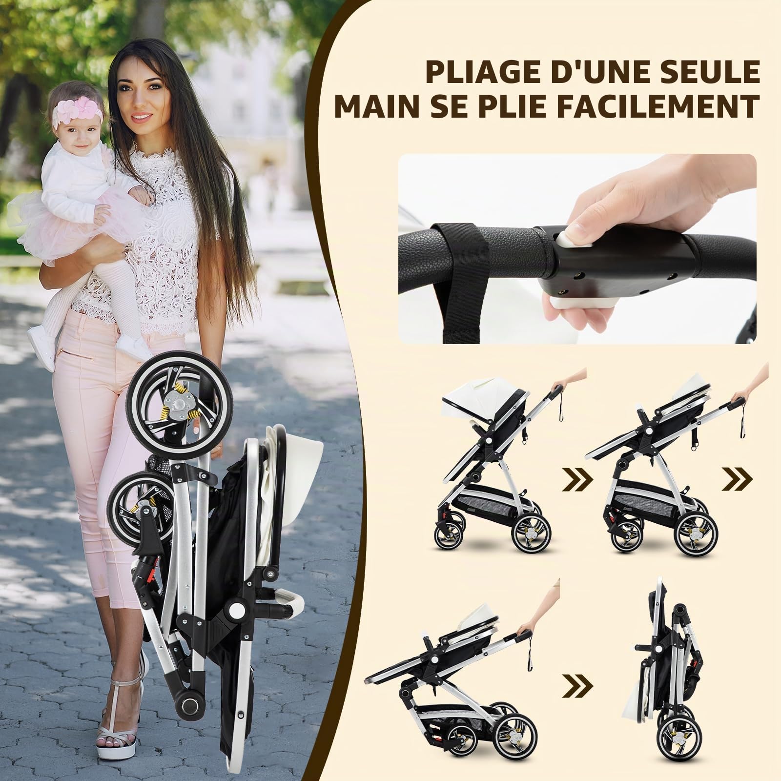 Gcarebb Poussette 3 en 1 en cuir synthétique, poussette de ville avec siège auto, canne de marche pliable en un clic, poussettes combinées paysagères, cadre en aluminium haut