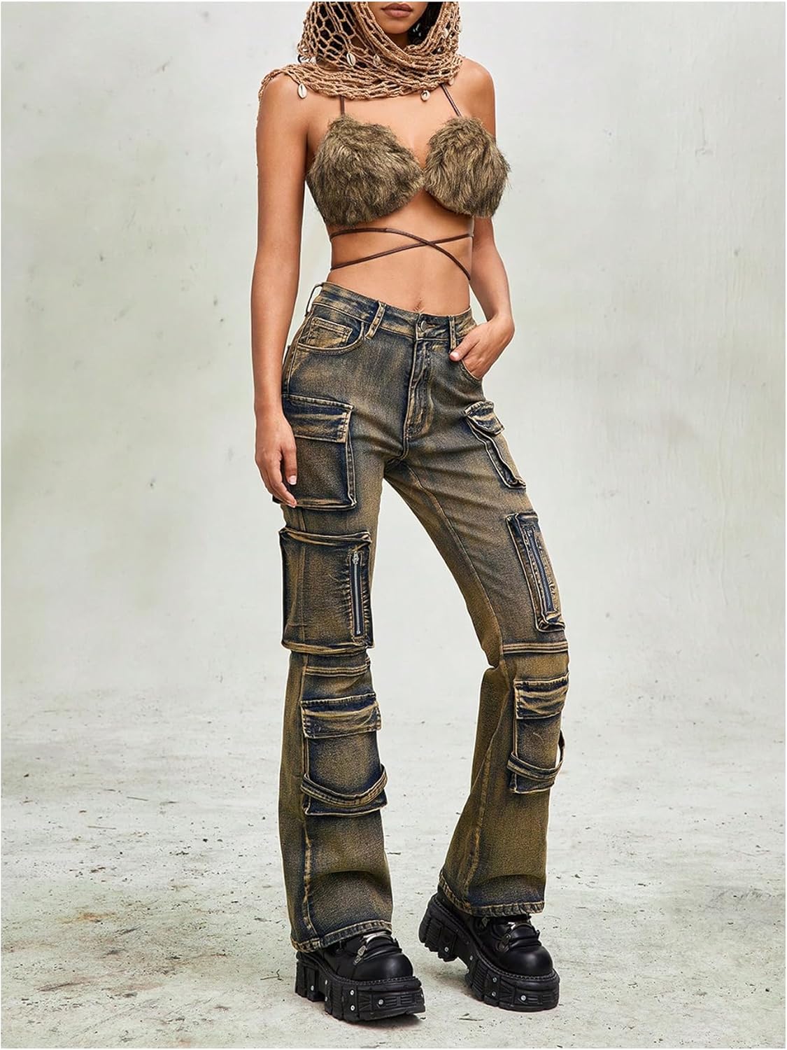 MakeMeChic Women's Faux Fur Bra Top Furry Halter Backless Crop Tops Criss Cross Tank Top Rave Party Clubwear - Image 5