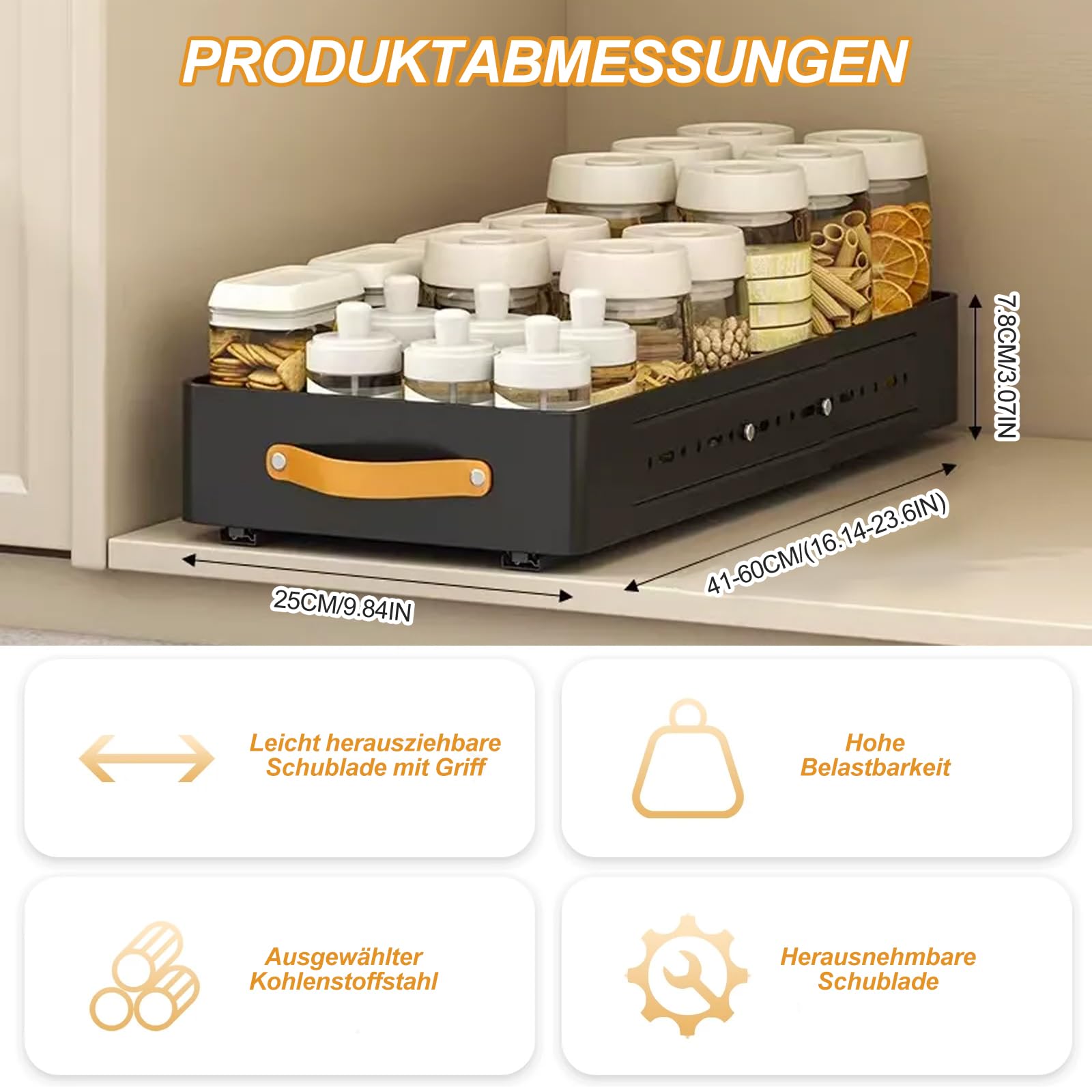 Teleskopschublade - Tiefe Einstellbar 41-60CM Tief x 25CM Breite x 7.8CM Höhe, Ausziehbare Schublade Küche Große Metall Slide Out Organizer Mit Griff, Organizer Ausziehbar Für Küche Badezimmer Schwarz