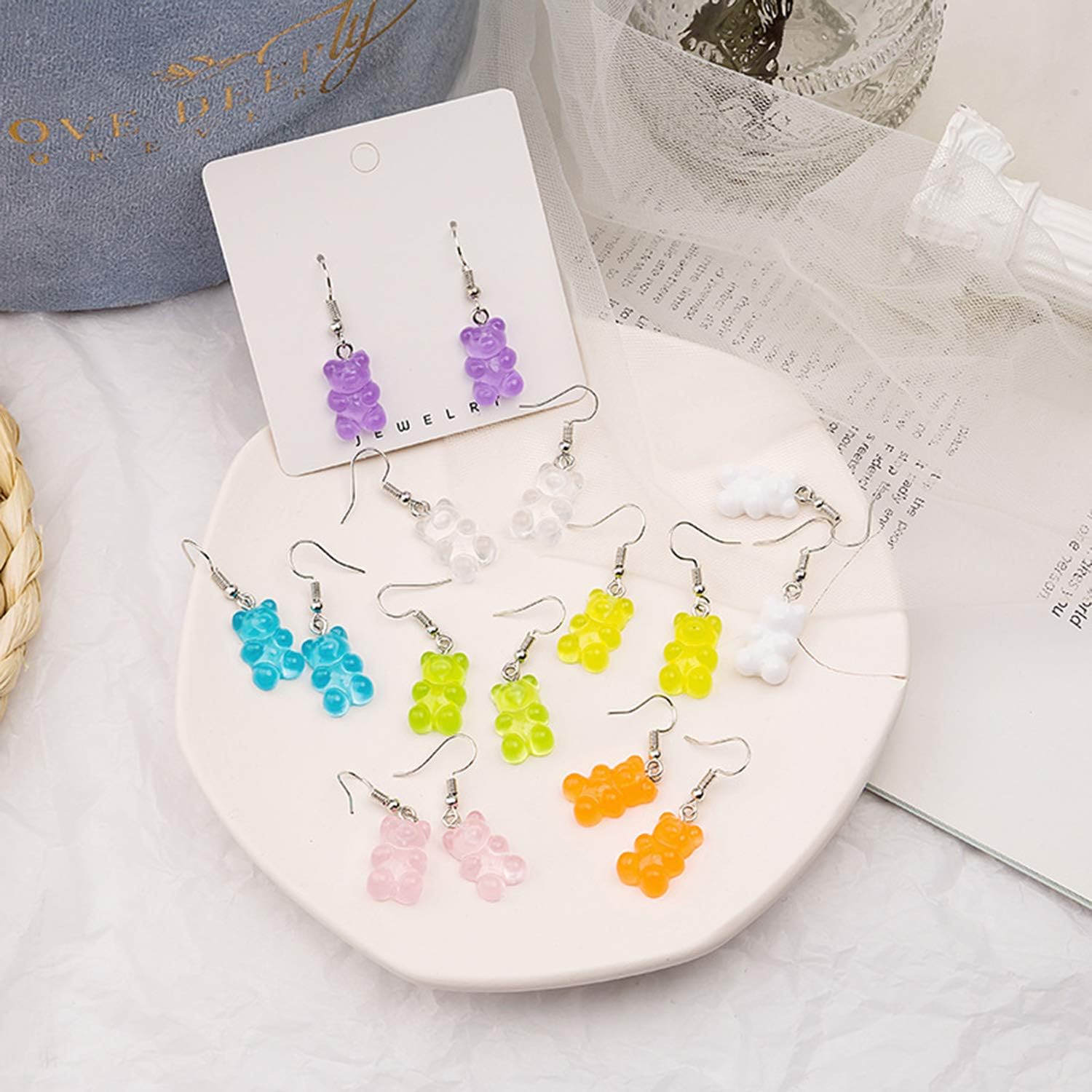 8Pairs Gummy Bear Earrings Set,Colorful Cartoon Resin Candy Dangle Earrings for Women - Image 6