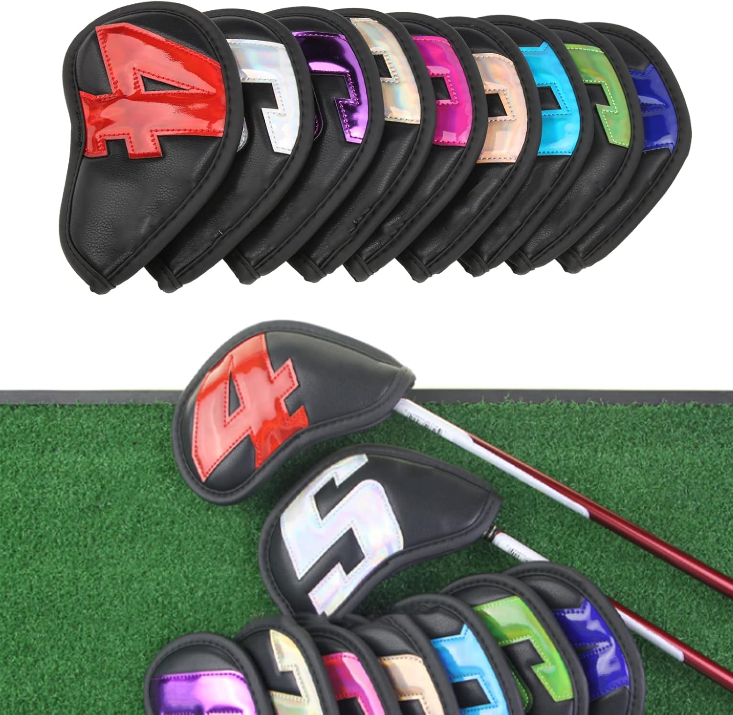 9 PCS Golf Club Head Covers, PU Waterproof Fabric, Plush Synthetic Leather Golf Iron Head Covers Set, Embroidered Club Label On Both Sides of Head Cover