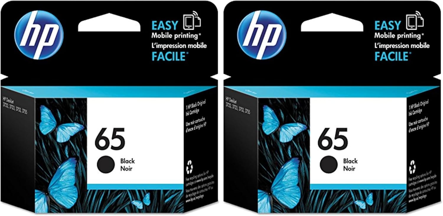 HP 65 Black Ink Cartridge, Works with AMP 100, DeskJet 2600, 3700; Envy 5000, Eligible for Instant Ink, N9K02AN (Pack of 2)