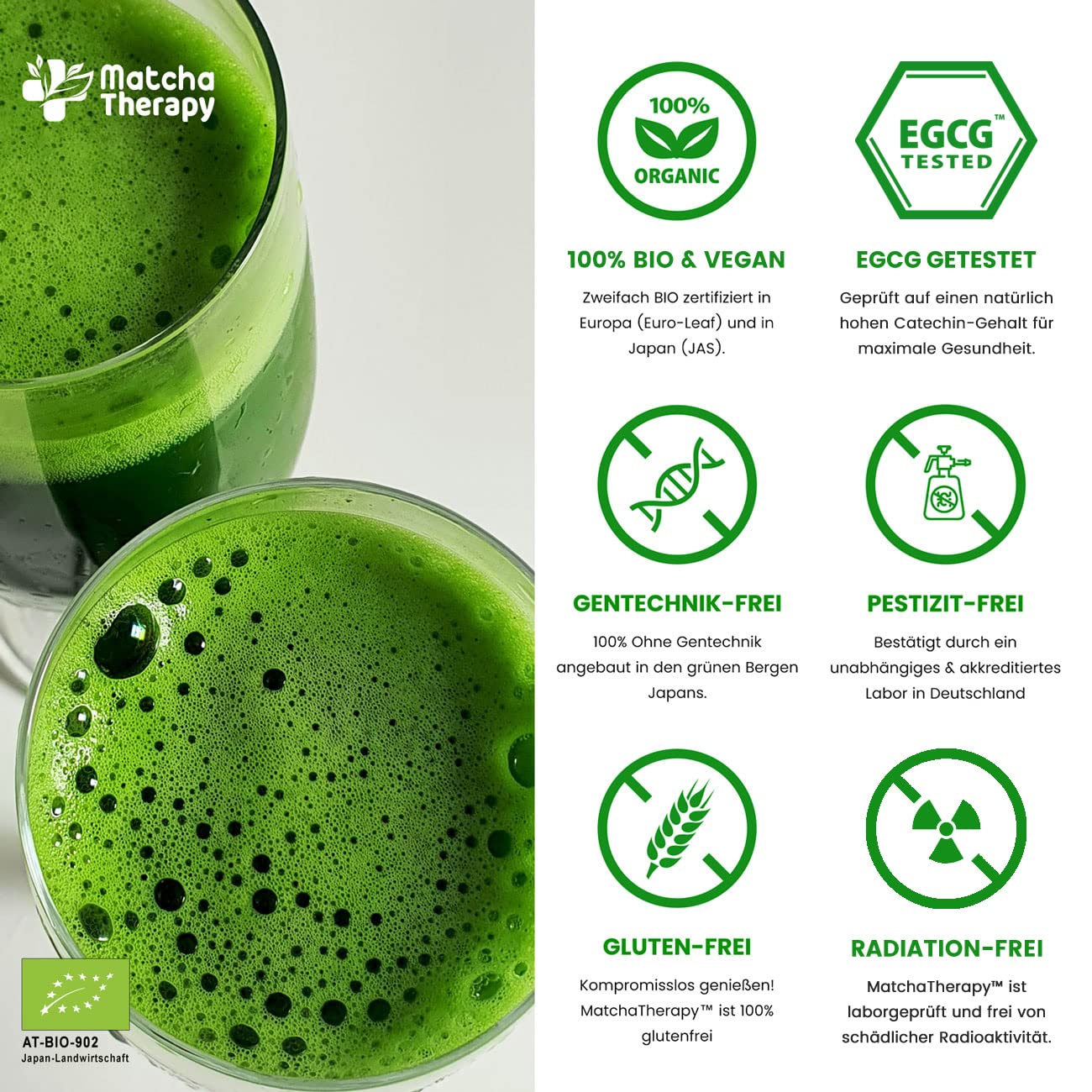 MatchaTherapy 30+ zestaw, Bio Matcha w proszku do herbaty 60 g + mikser + łyżka pomiarowa, zawartość katechiny EGCG, przetestowana co najmniej 30 mg/g, jakość premium, zielona herbata z Japonii