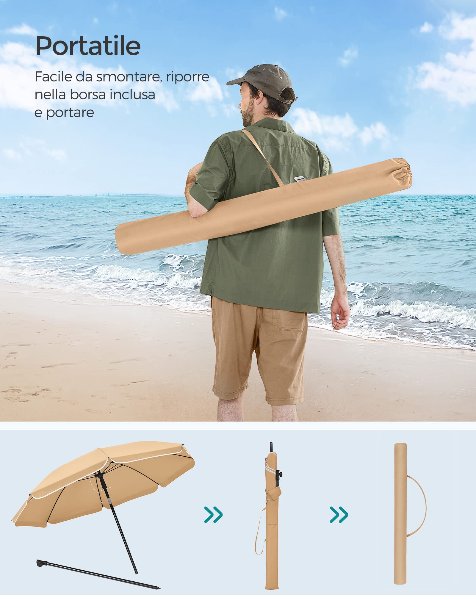SONGMICS Ombrellone da Spiaggia UPF 50+ Inclinabile Portatile Antivento Stecche Fibra di Vetro Borsa Trasporto