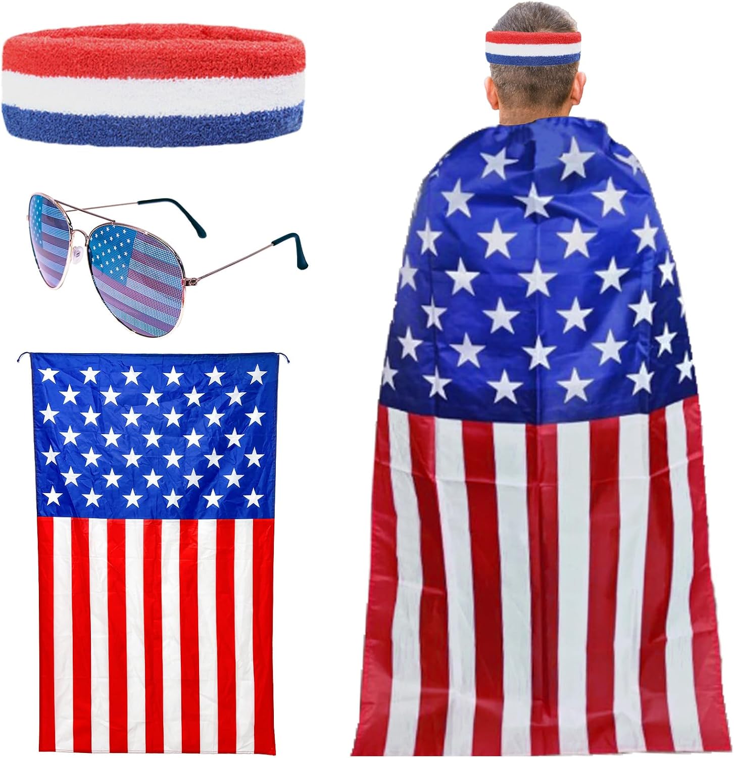 3 Pieces Patriotic Costume Accessories Set, Includes USA Flag Cape, Red White Blue Headband, and American Flag Sunglasses for 4th of July, Independence Day, Veterans Day Party Dress-Up Supplies
