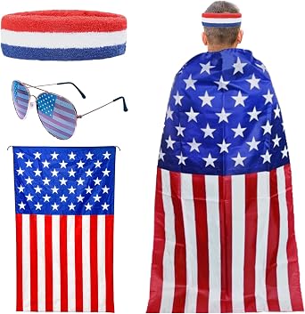 3 Pieces Patriotic Costume Accessories Set, Includes USA Flag Cape, Red White Blue Headband, and American Flag Sunglasses for 4th of July, Independence Day, Veterans Day Party Dress-Up Supplies