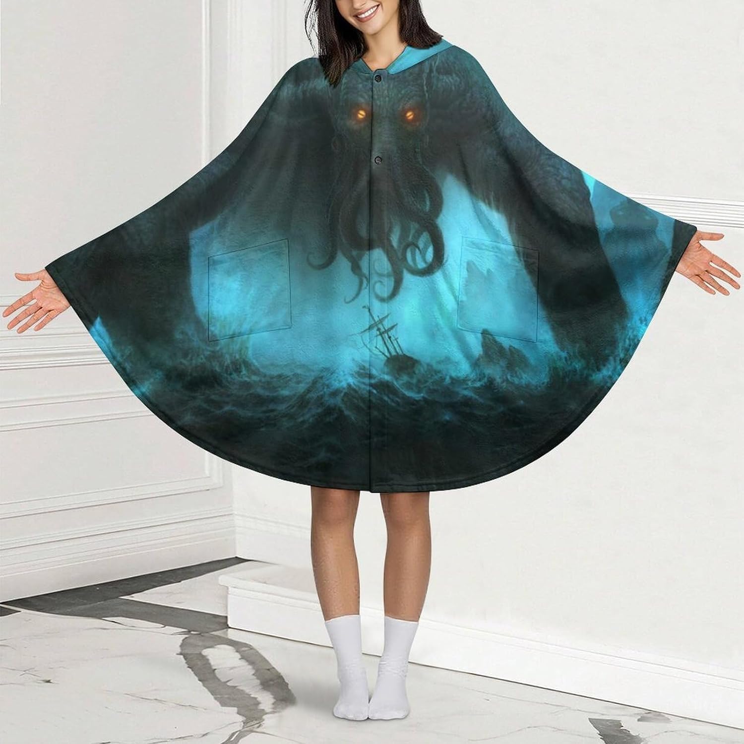 Cthulhuss in Deep Ocean Wearable Blanket with Hooded Flannel Blankets Cape with Pocket
