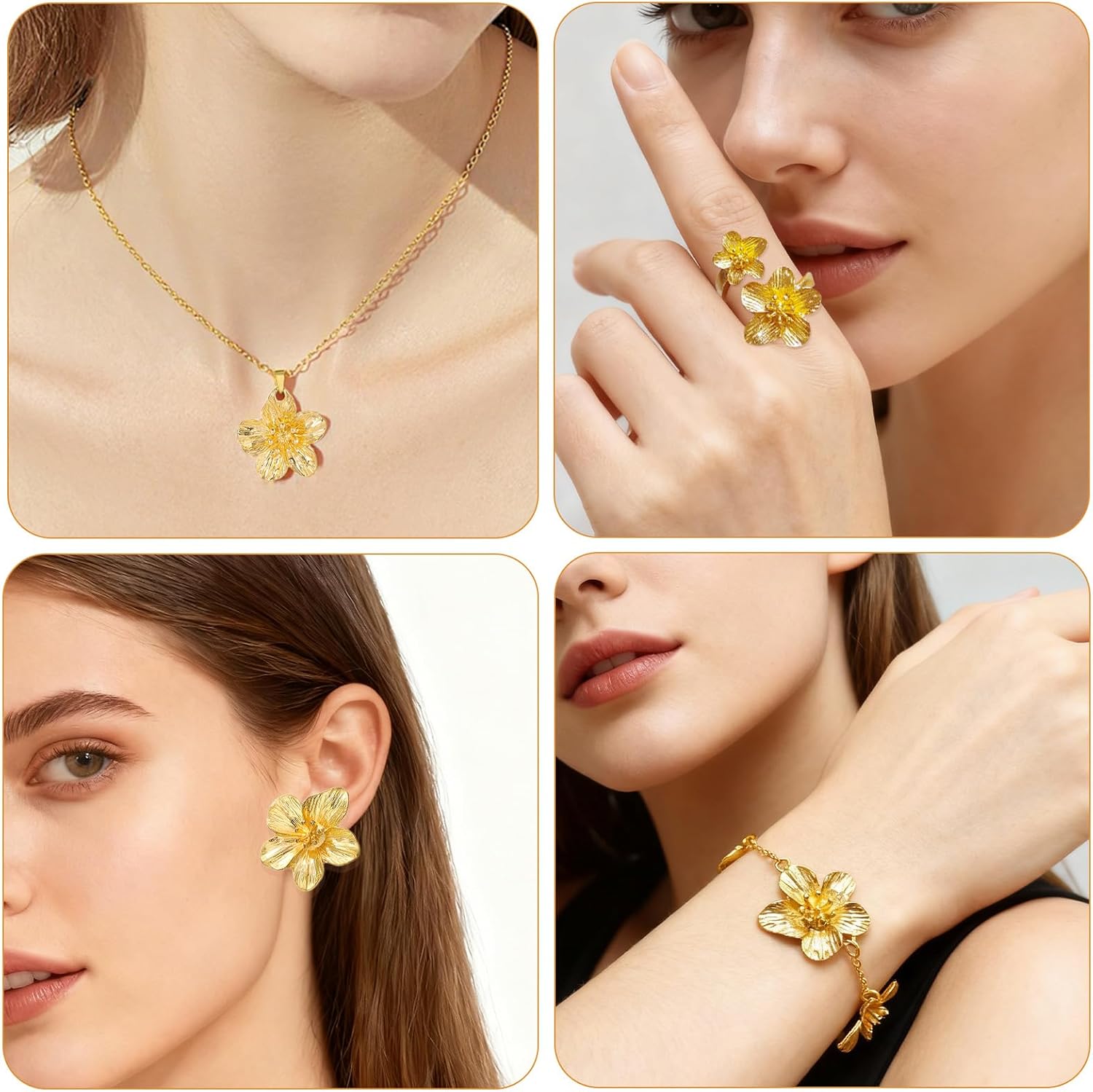 Gold Flower Jewelry Set for Women, Hibiscus Necklace and Earrings with Matching Bracelet, Boho Floral Design Jewelry Collection, Floral Jewelry Gifts for Her - Image 3