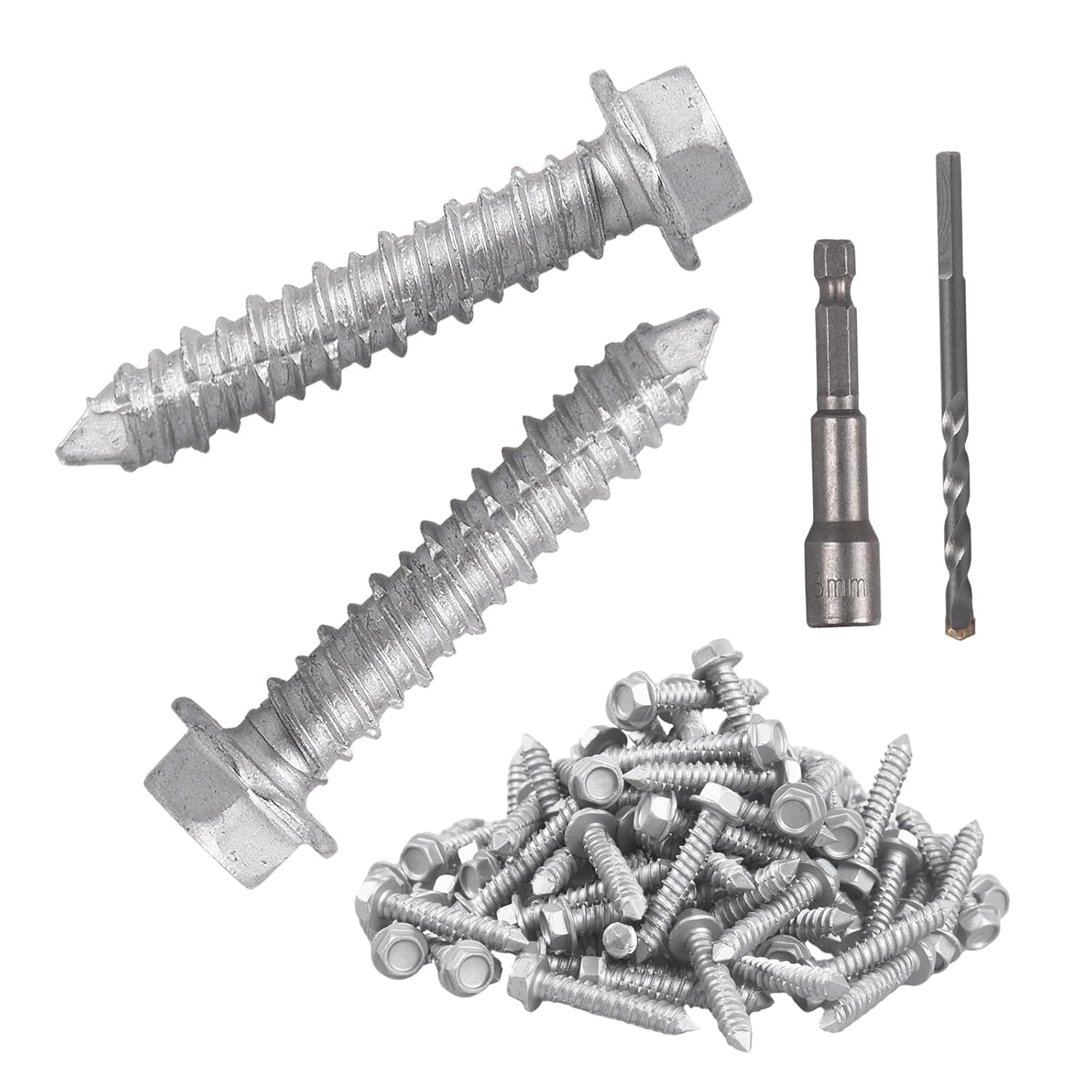 Concrete Screws 1/4" x 1-1/4" 100PCS 410 Stainless Steel Hex Concrete Screw Kit for Anchoring to Masonry Block Brick Included Drill Bit and Hex Bit Socket