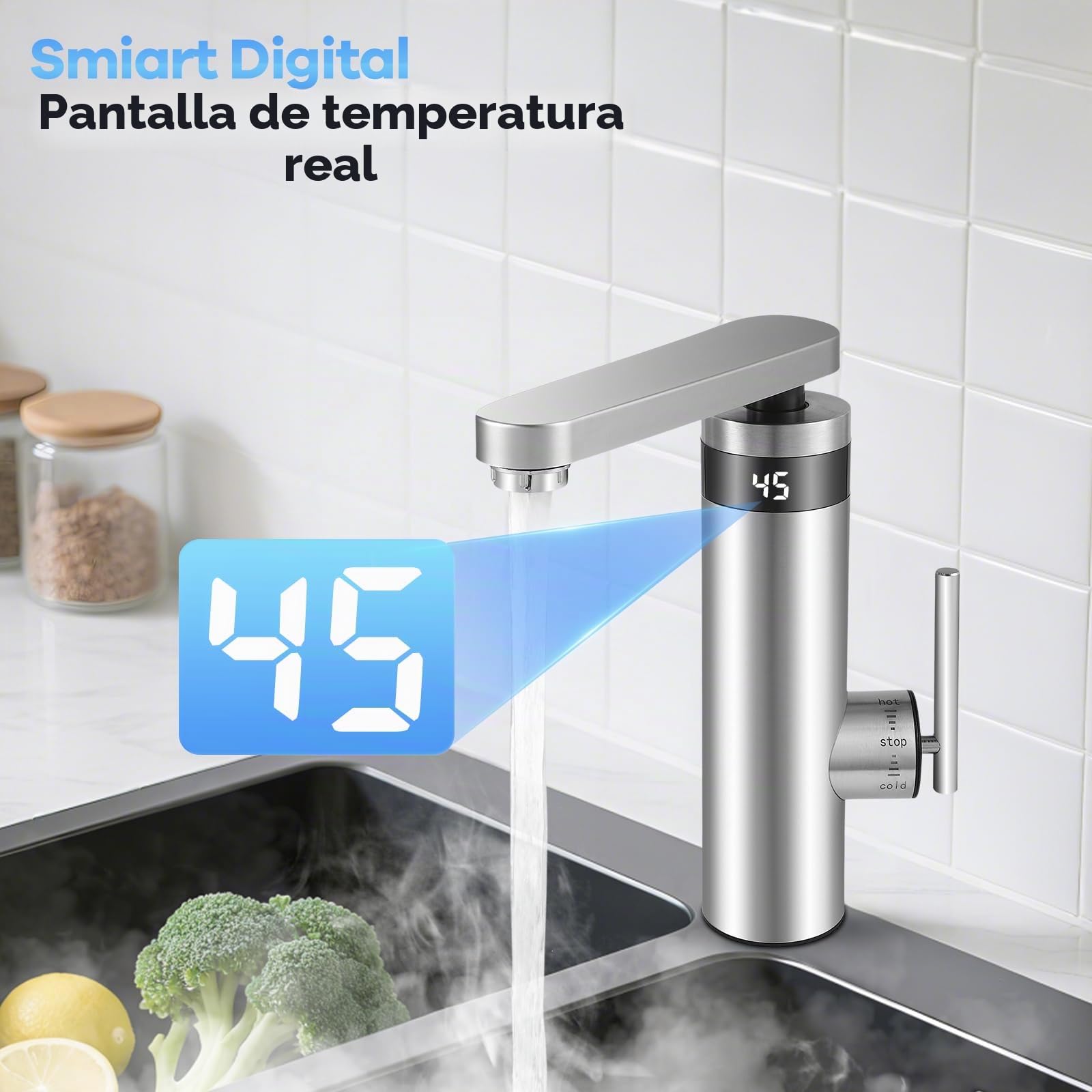 3000 W 230 V grifo de agua eléctrico de paso de acero inoxidable con calentador de agua, grifo de cocina con indicador de temperatura, grifo de agua caliente y fría para cocina y baño