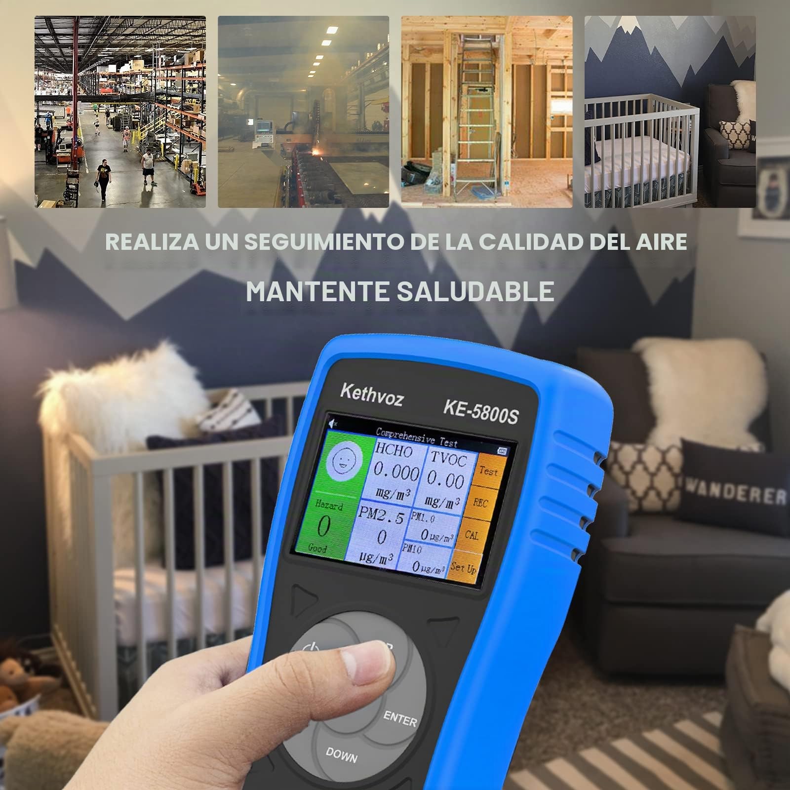 Medidor Calidad Aire Profesional, Kethvoz Detector de Gas Interiores Medir PM2.5/10 Formaldehído HCHO y TVOC, Analizador de Gas Digital con Registro de Datos y Calibración KE-5800S