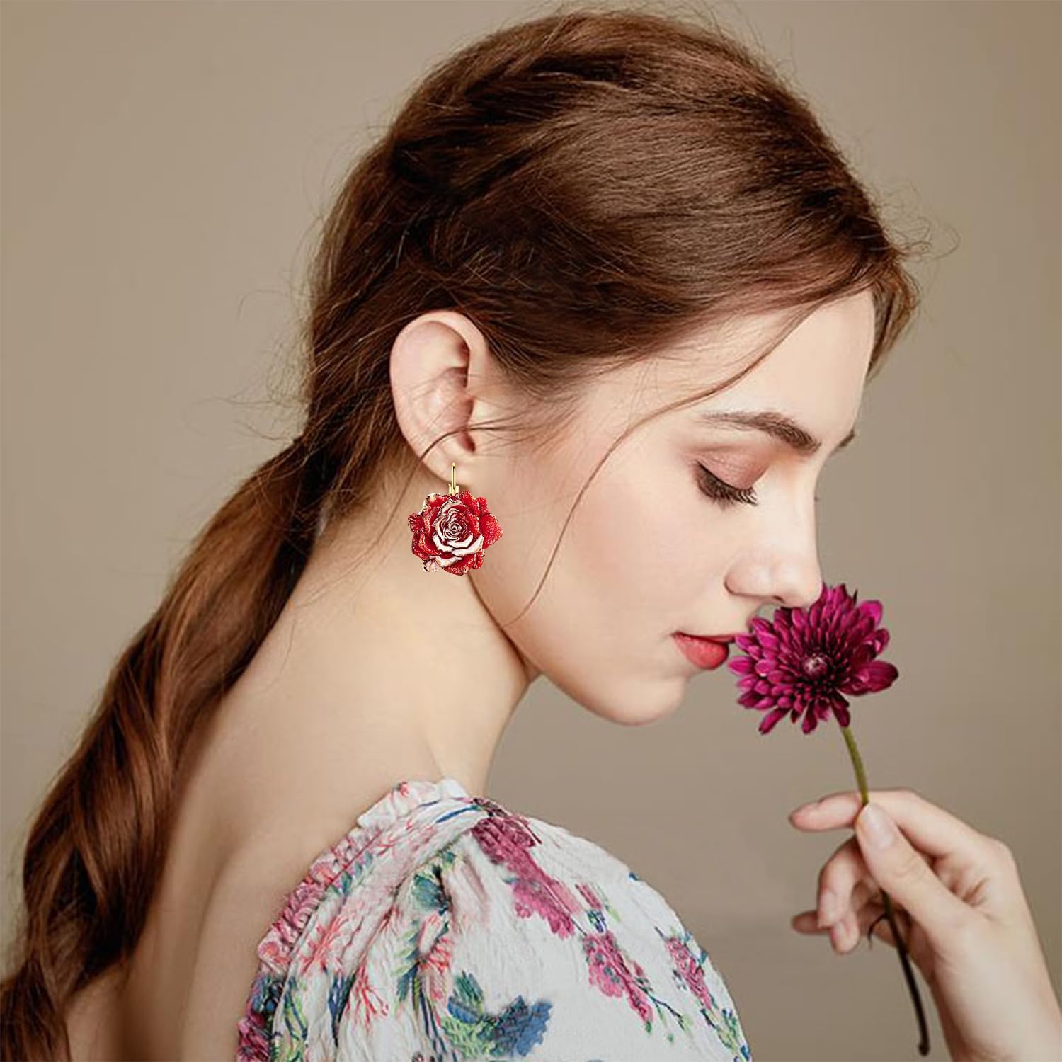 Red Resin Rose Flower 14K Gold Dangle Drop Earrings Camellia Floral Leverback Earring For Woman - Image 7