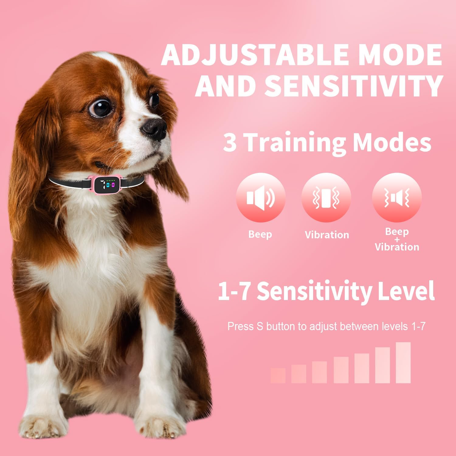 Anti-Bark Collar for Small Dogs, No Shock Anti Barking Collars with 7 Sensitivities, 3 Adjustable Modes Beep & Vibration, IP67 Waterproof - Effective & Humane, Sweet Pink
