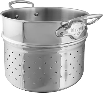 Mauviel MCook Polished Stainless Steel Pasta Insert With Cast Stainless Steel Handles, 9.4-in, Made In France