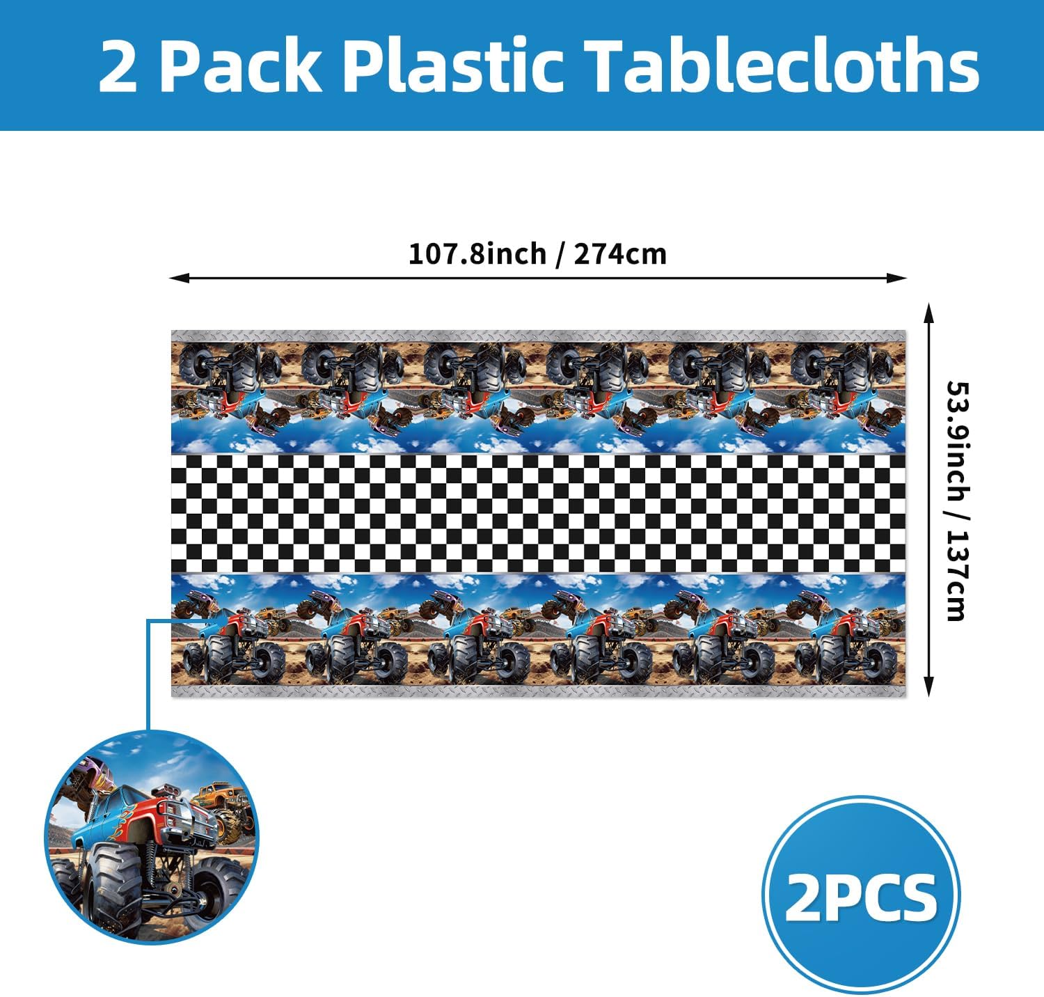 2Pcs Monster Truck Table Cover Party Decorations 107.8"X53.9" Monster Theme Birthday Tablecloths Supplies Disposable Rectangular Truck Tablecovers Birthday Decorations