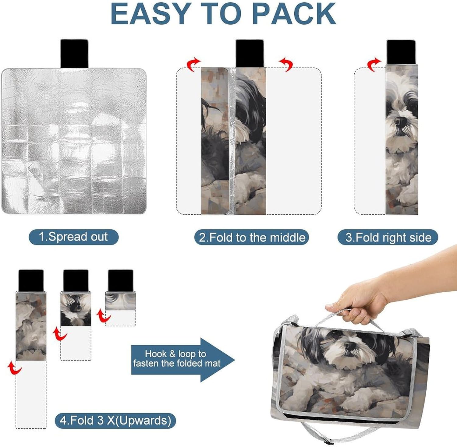 Shih Tzu Outdoor Mat Foldable ，Beach Blanket Waterproof Surface，Easy to Clean Travel Blanket， for Spring and Summer Grassland Camping
