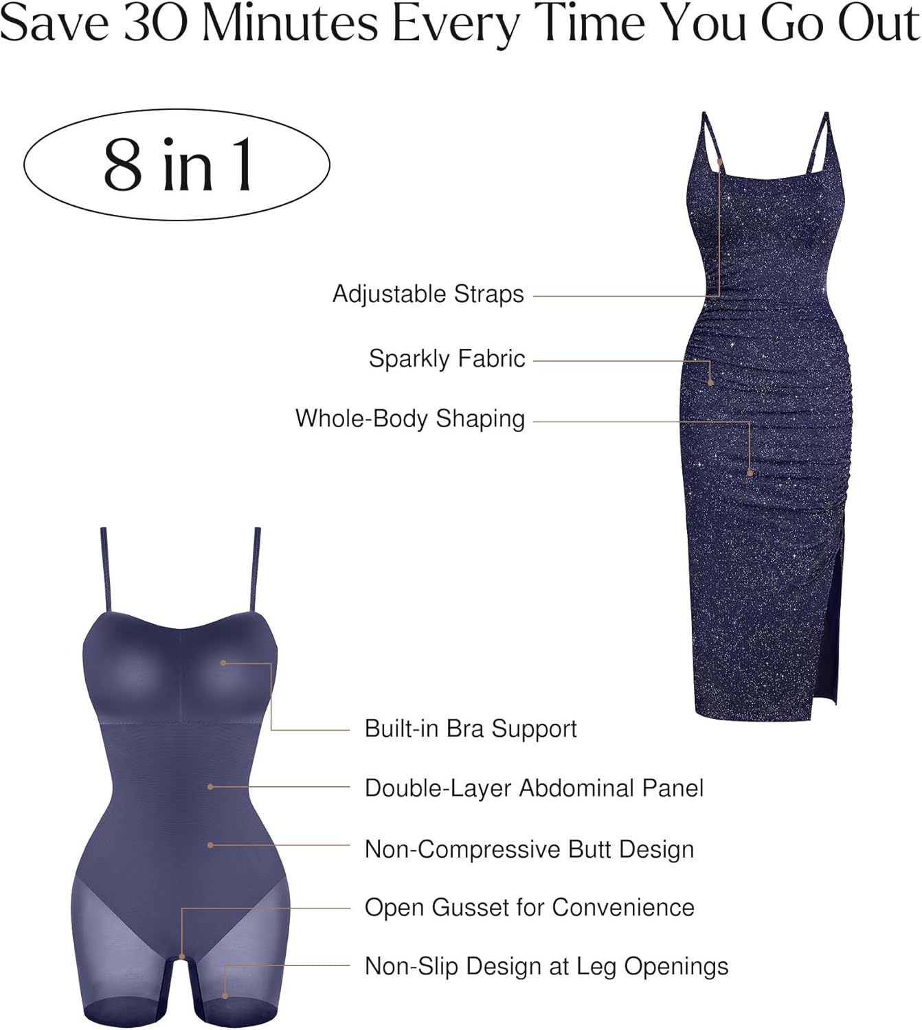 Popilush Shapewear Midi Dress Women's Sparkly Formal Wedding Guest Cocktail Dresses Fall Square Neck Ruched Dress Side Slit - Image 3