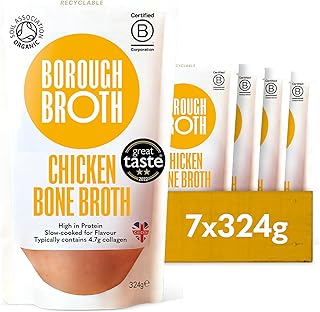 Organic Chicken Bone Broth by Borough Broth - High in Collagen for Healthy Skin & Joints - High Protein, Low Calorie, Gluten Free, Free Range - Perfect for Gravy & Soups - Delivered Chilled, 7 x 324g