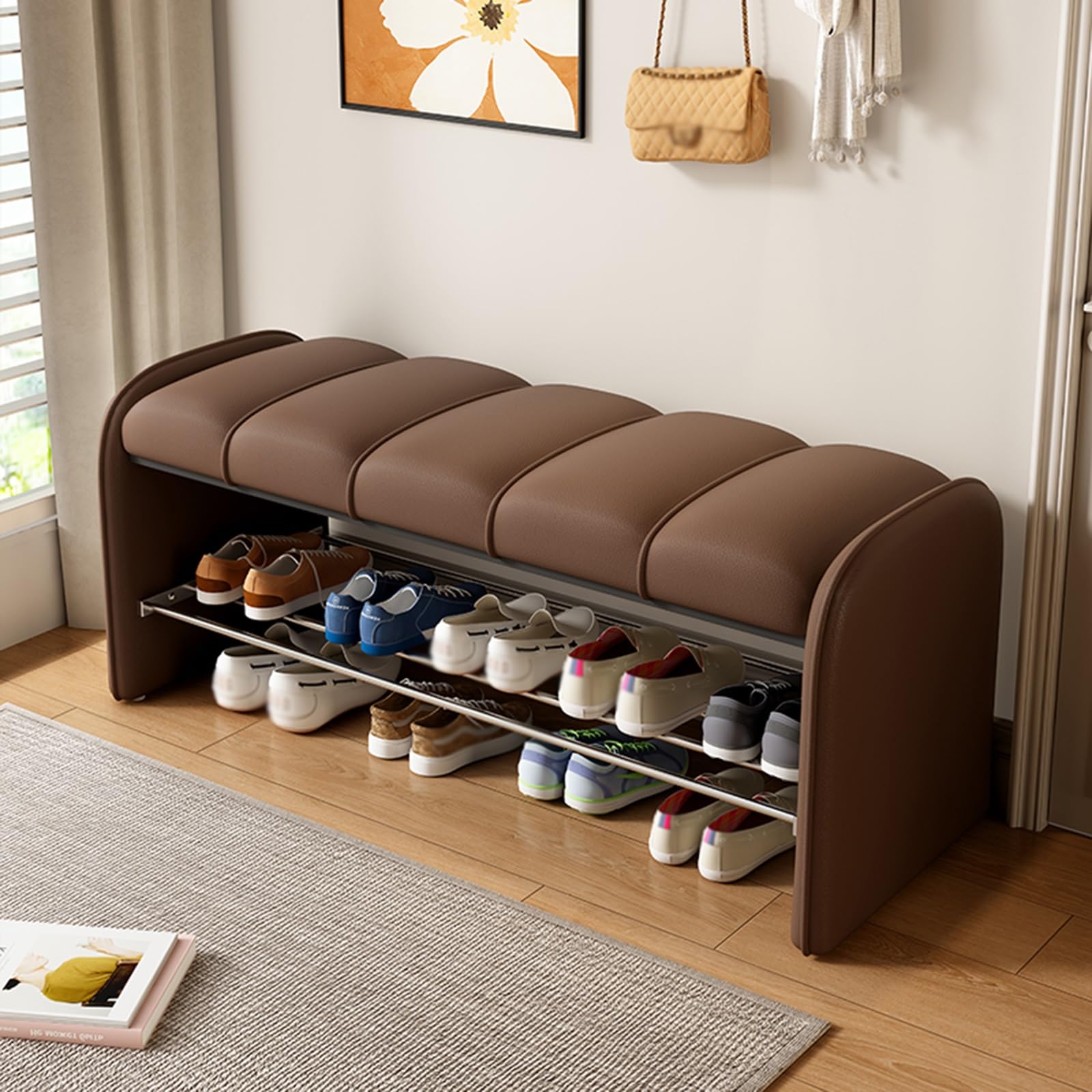 GHFXSCV Multifunctional Brown Upholstered Storage Bench with Footrest - Indoor Entryway Shoe Rack, Sturdy Seating, 100x37x45cm (39.4x14.6x17.7in)