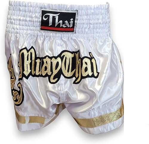 Miniatura 4 de MMA Boxeo Muay Thai Shorts en satén blanco negro oro corte letras