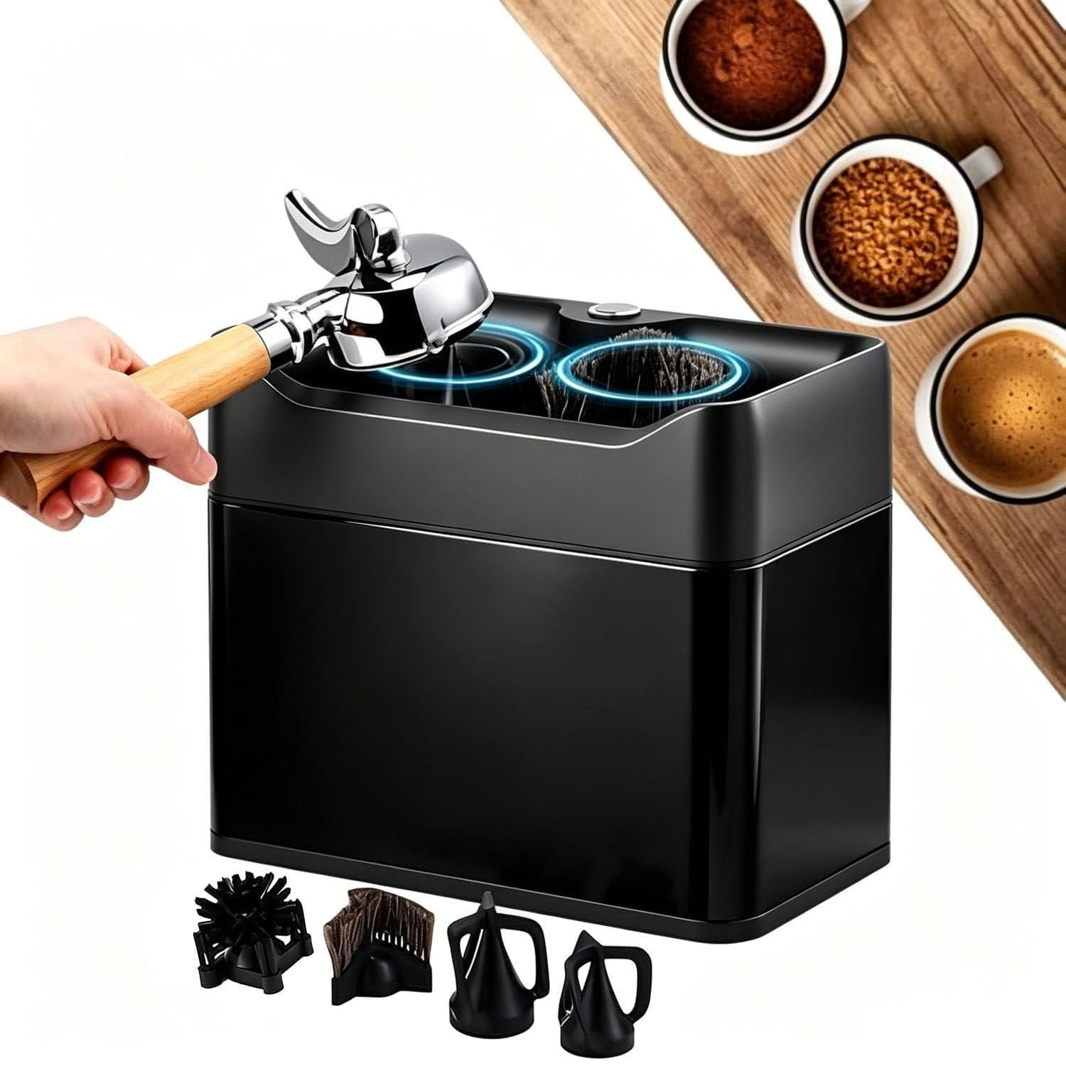 Limpiador eléctrico de posos de café con 2 raspadores Black | Máquina automática de limpieza de portafiltros, compatible con cestas de portafiltro individuales y dobles de 58 mm