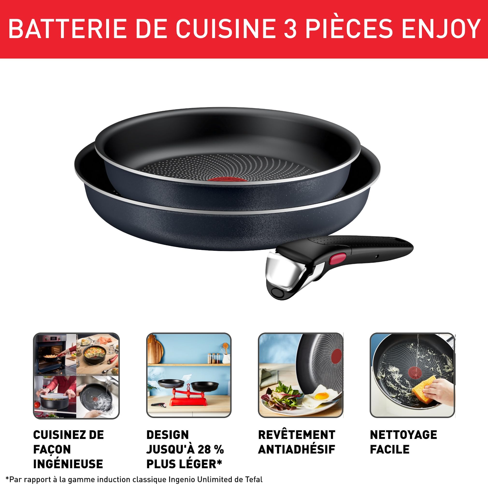Tefal Ingenio Enjoy, Lot 3pièces, Poêles légères, Technologie Light Tech, Poignée amovible, Revêtement Titane antiadhésif