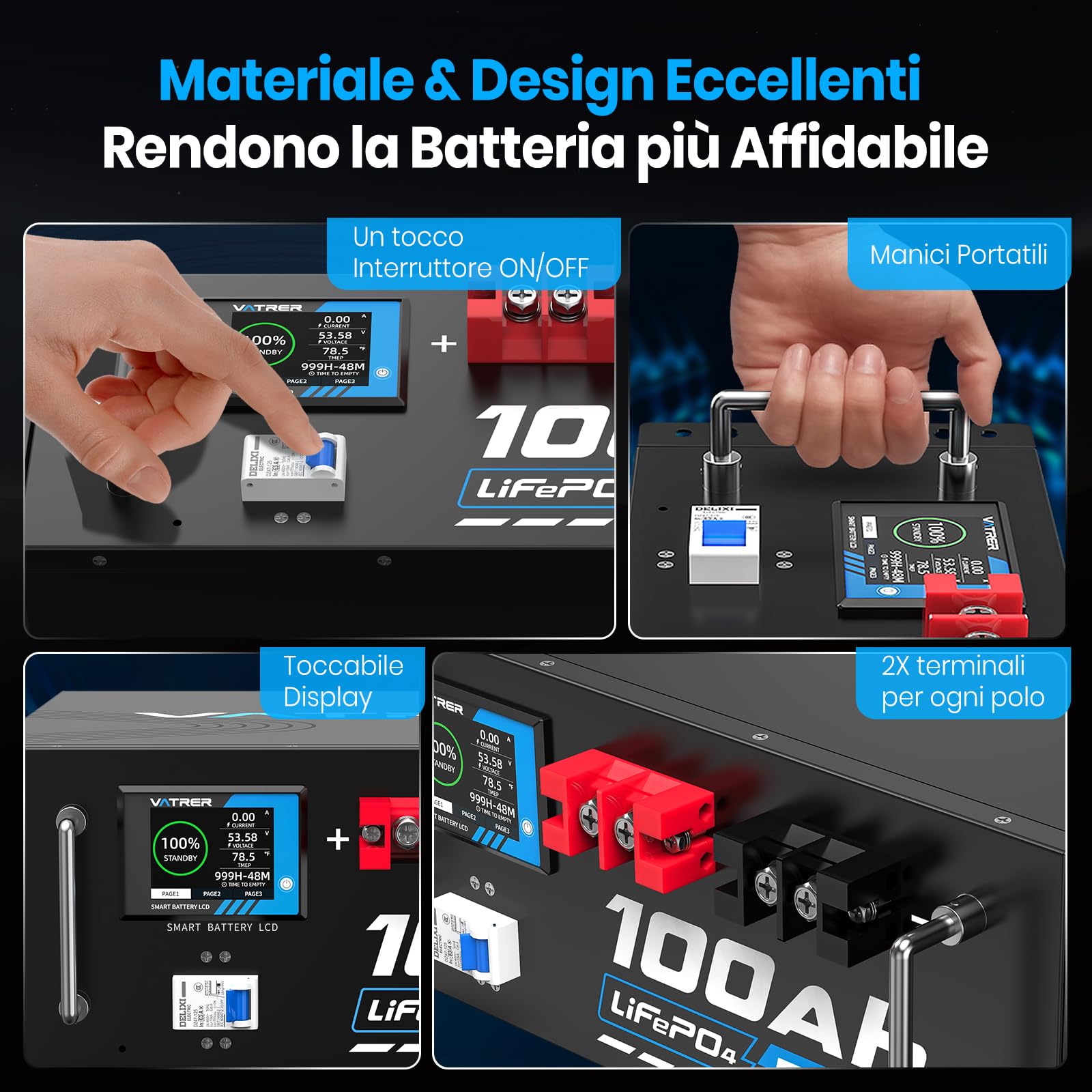 VATRER POWER 51.2V100AH Batteria Litio LiFePO4 con 100A BMS, Display Intelligente Tattile & APP Bluetooth, Max. 4800W, 5000+ Cicli Perfetto per Sistemi Solari Applicazioni Indipendenti dalla Rete