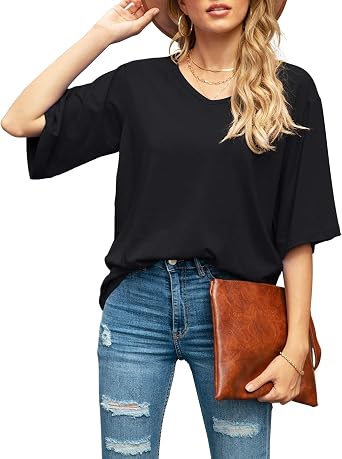SUEANI Womens Blouse Tops Loose V Neck 3/4 Bell Sleeve Shirt