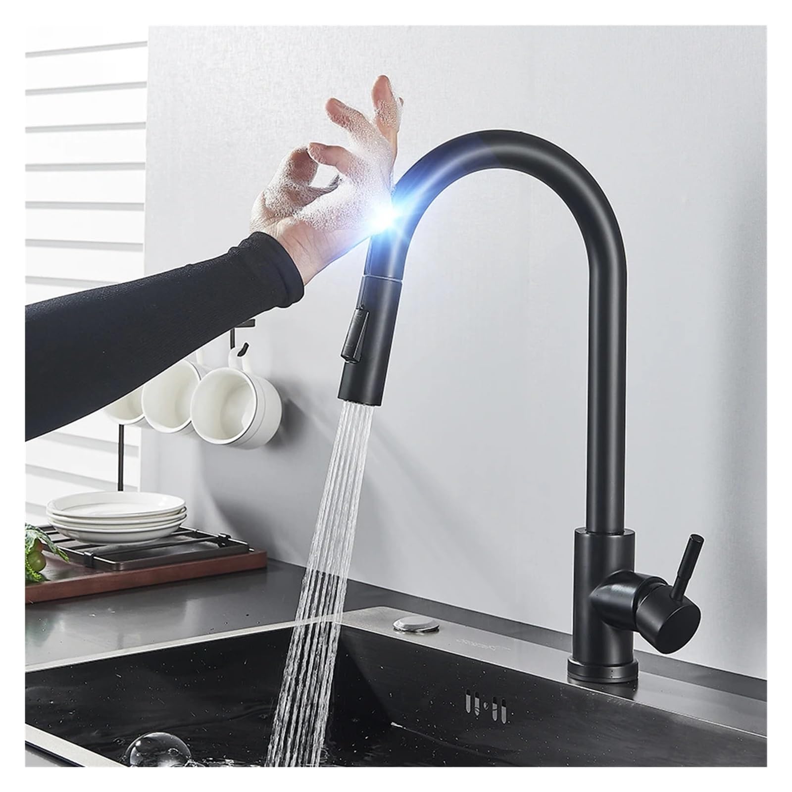 Robinet de cuisine à capteur tactile extractible mitigeur noir