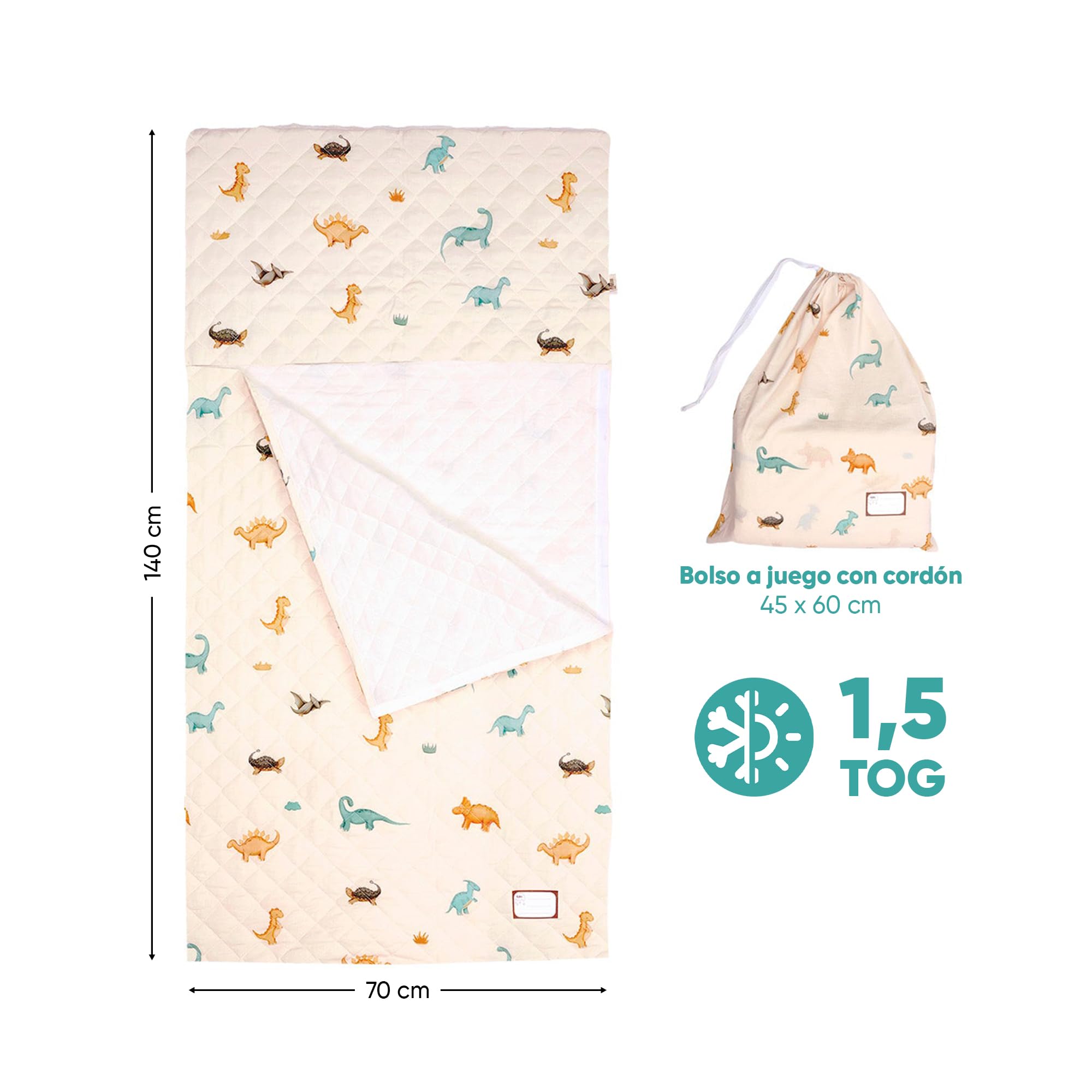 PERLETTI Sac de Couchage Enfant 70x140 cm – Gigoteuse TOG 1,5 Indice de Chaleur – Confortable Couverture Bebe – Conçu pour Crèche – Sac Assorti pour Le Transport et Le Rangement – Imprimé Dinosaure