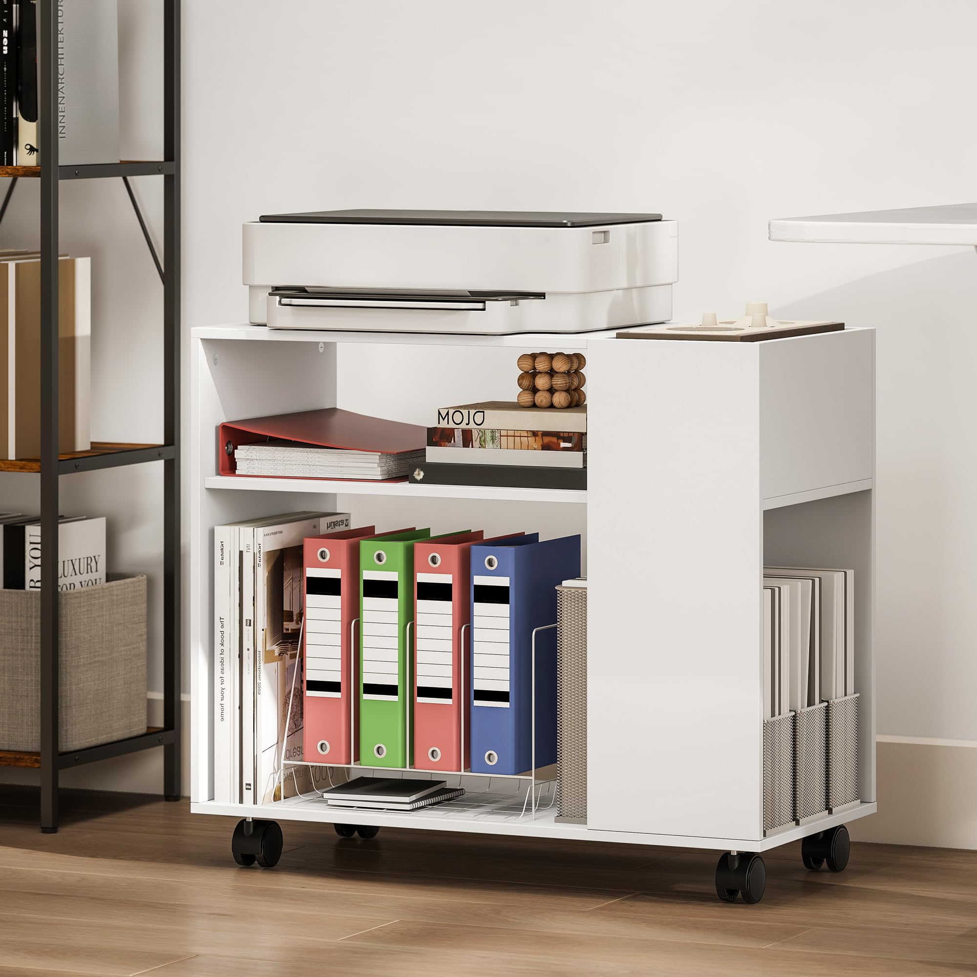 HOMCOM Druckertisch mit Rollen mit Unterteiltem Fach 70 x 34 x 60 cm Weiß | Druckerständer, Ablageflächen, Schreibtisch Organizer für Drucker, Druckerwagen für Büro Fax Scanner Office