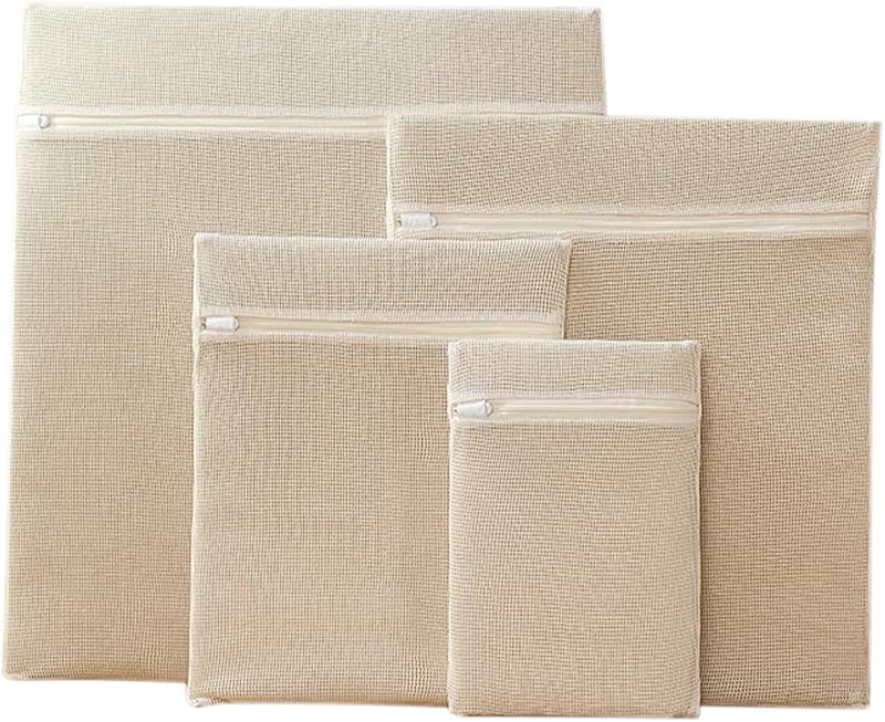 4-Piece 100% Cotton Mesh Laundry Bags, Premium Soft No-Dye Natural Delicate Bags with Sturdy Zippers, Breathable for Underwear, Socks, Clothes & Pants
